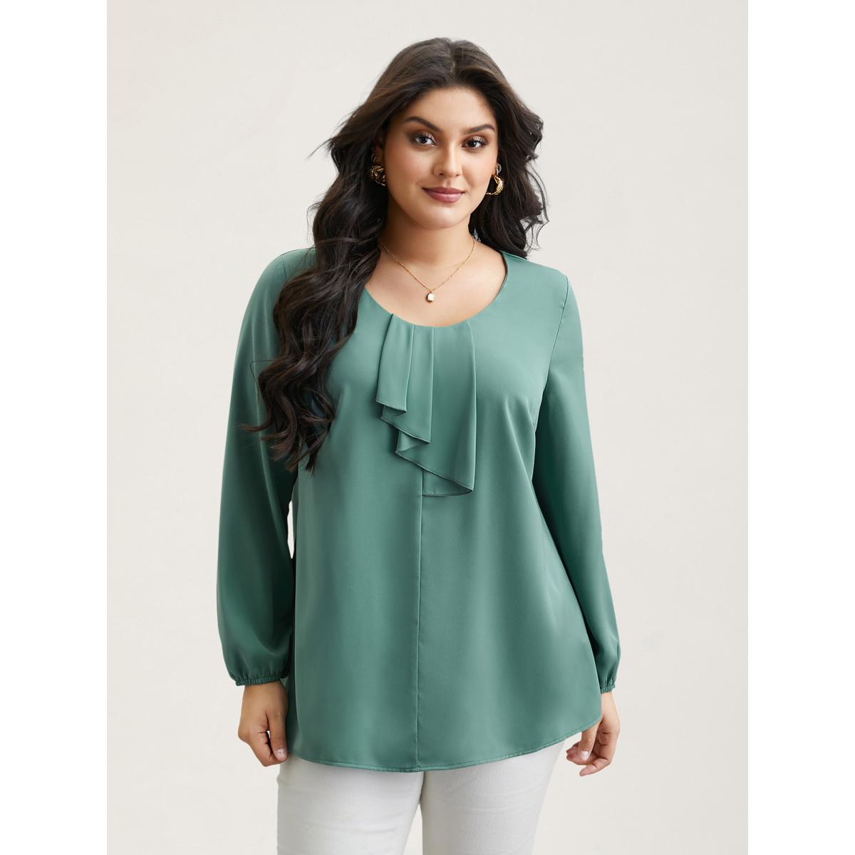 Plus Size Greenbean Ruffle Frill Trim Plain Lantern Sleeve Blouse Women Elegant Extra Long Sleeve Asymmetrical Neck Everyday Blouses BloomChic 22-24/3X Product Image