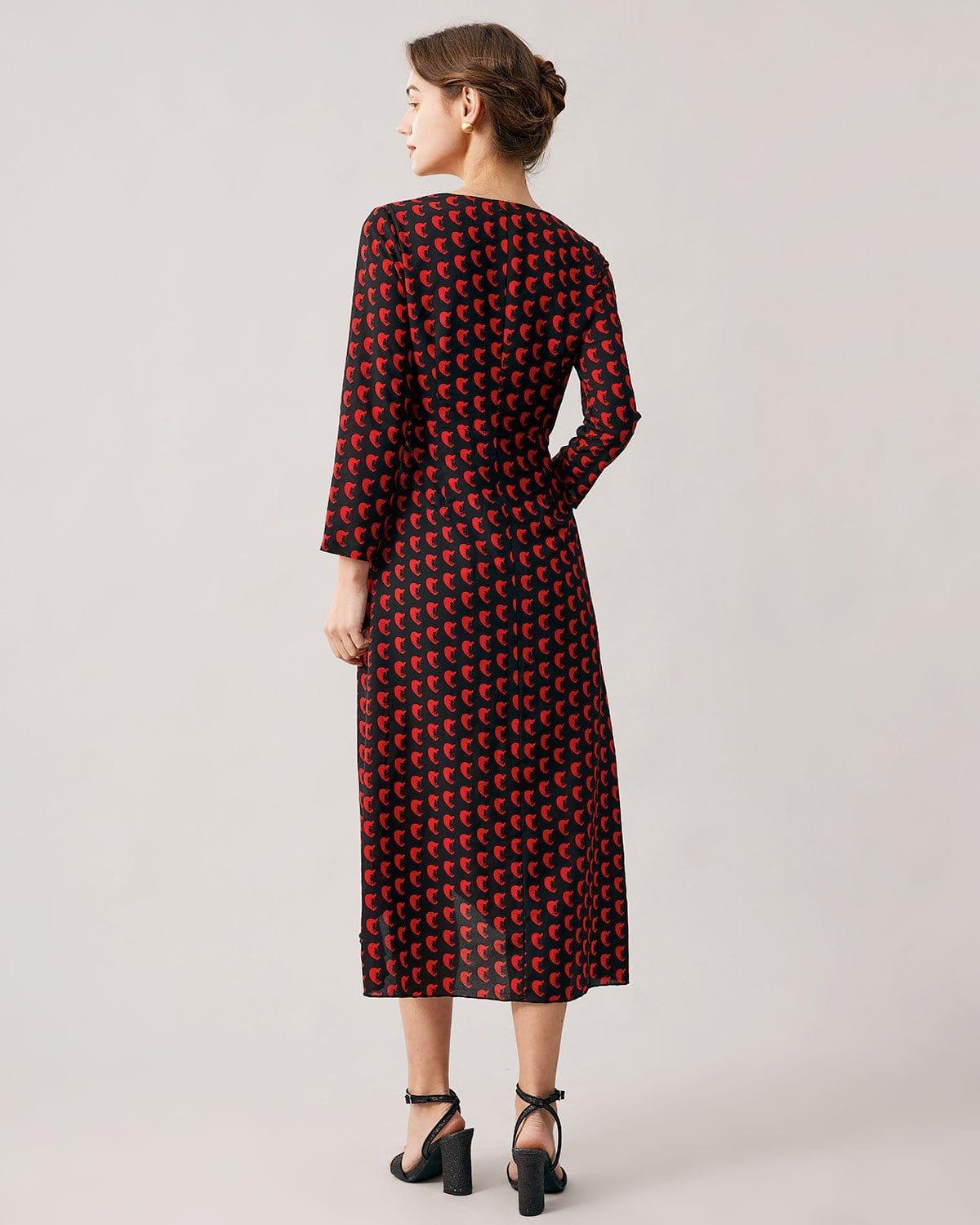 The Red V Neck Slit Long Sleeve Midi Dress Product Image