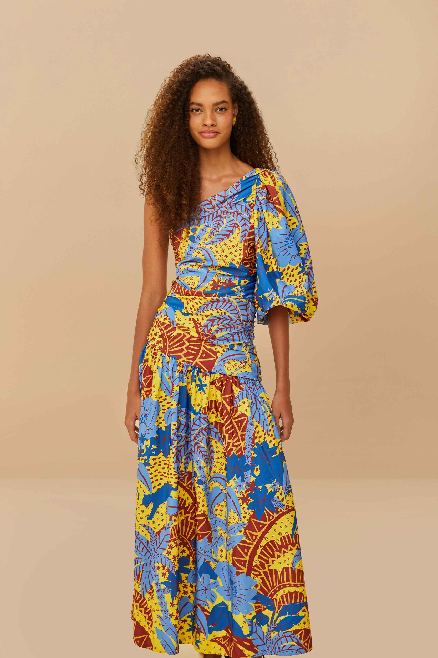 Yellow Jungle Panther One-Shoulder Midi Dress Product Image
