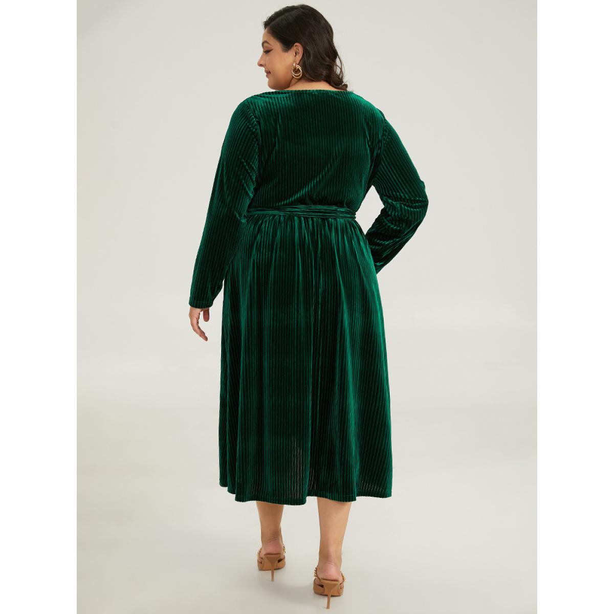 Plus Size Velvet Rib Knit Wrap Hem Pocket Belted Dress DarkGreen Women Elegant Wrap V-neck Long Sleeve Curvy Midi Dress BloomChic 12/L Product Image
