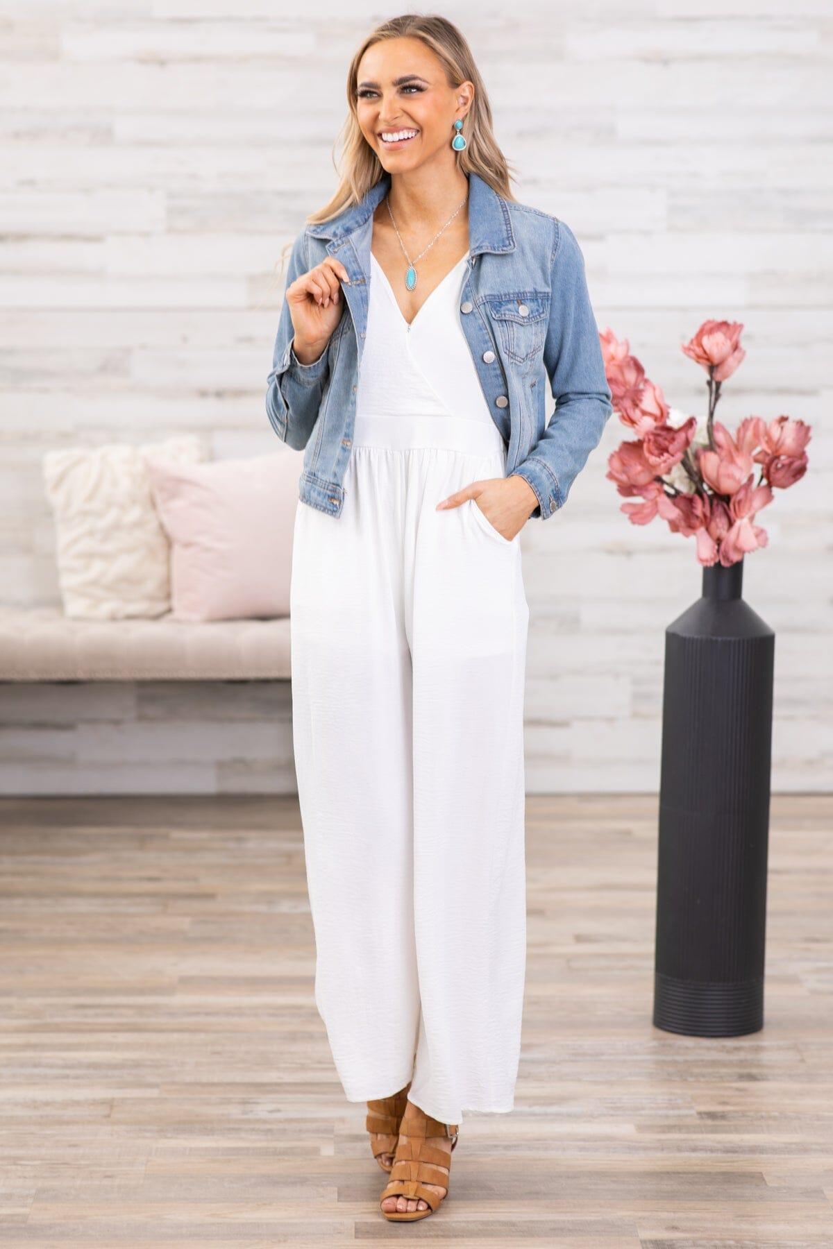 Off White Smocked Waist Double V-Neck Jumpsuit Product Image