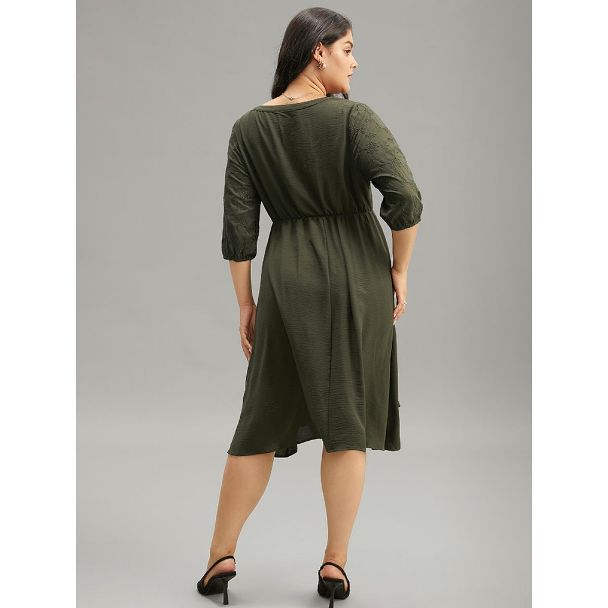 Plus Size Solid Notched Eyelet Patchwork Dress ArmyGreen Women Office Elastic cuffs Notched collar Elbow-length sleeve Curvy Midi Dress BloomChic 10/M Product Image