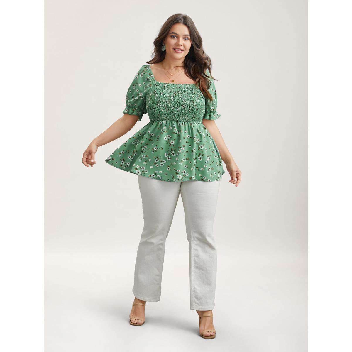 Plus Size Greenbean Floral Print Smocked Stretchy Waist Shirt Women Elegant Short sleeve Square Neck Everyday Blouses BloomChic 22-24/3X Product Image