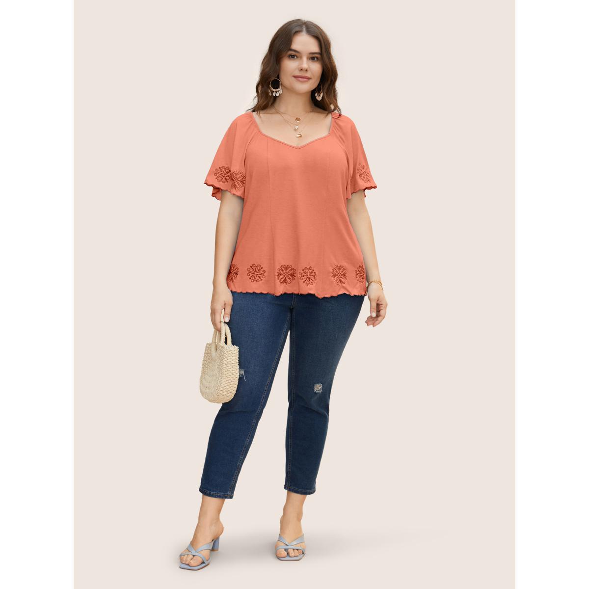 Plus Size Bandana Floral Embroidered Ruffle Sleeve T-shirt Salmon Women Resort Embroidered Heart neckline Vacation T-shirts BloomChic 28/5X Product Image