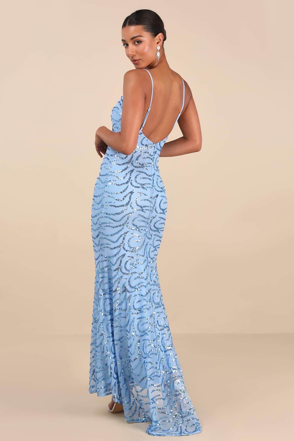 Mesmerizing Demeanor Blue Sequin Backless Mermaid Maxi Dress Product Image