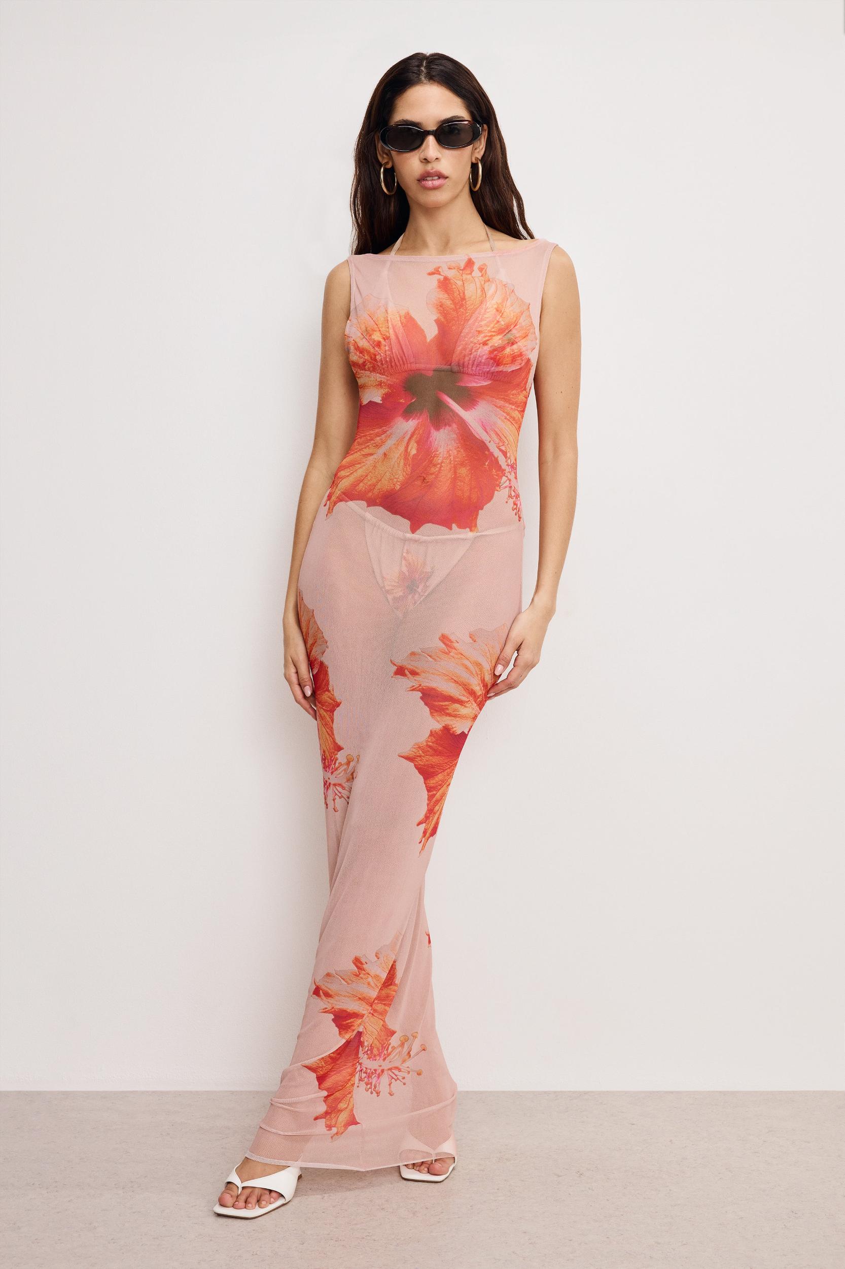 GAUZE MESH MAXI DRESS | MAUVE TROPICAL HIBISCUS001 Product Image