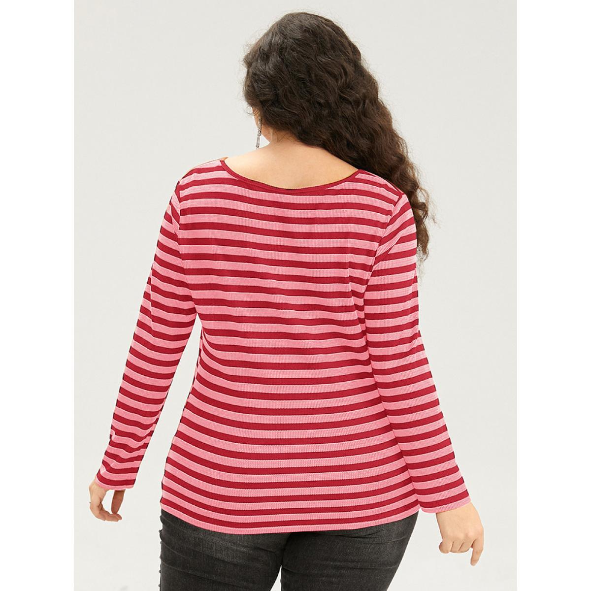 Plus Size Halloween V Neck Contrast Striped T-shirt Red Women Casual Contrast Striped V-neck Festival-Halloween T-shirts BloomChic 18-20/2X Product Image