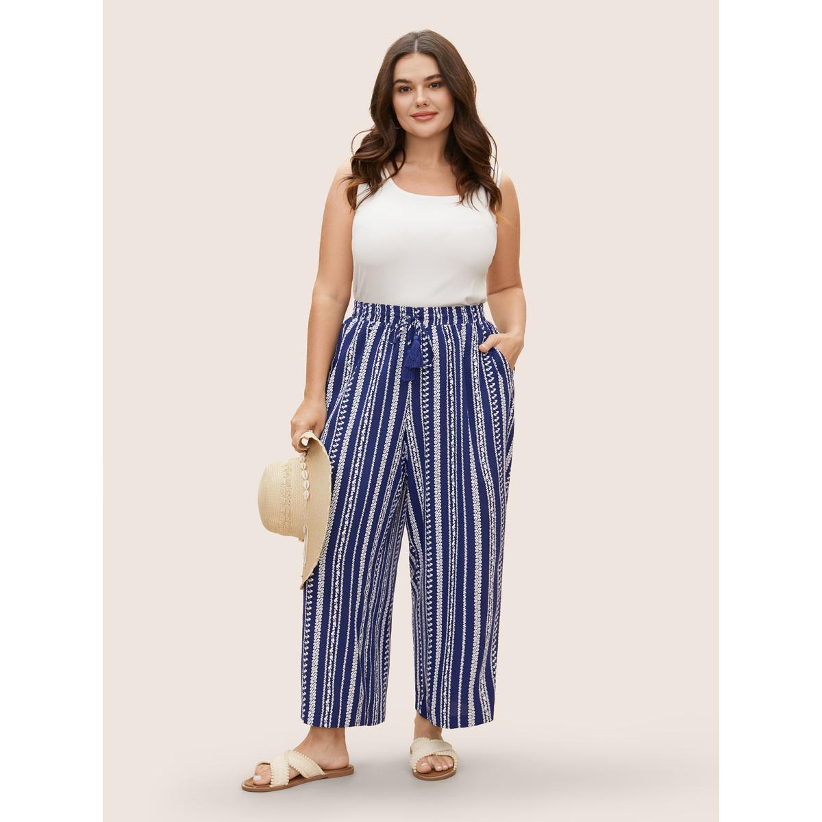 Plus Size Bandana Striped Tassel Drawstring Wide Leg Pants Women DarkBlue Resort Wide Leg Mid Rise Vacation Pants BloomChic 22-24/3X Product Image