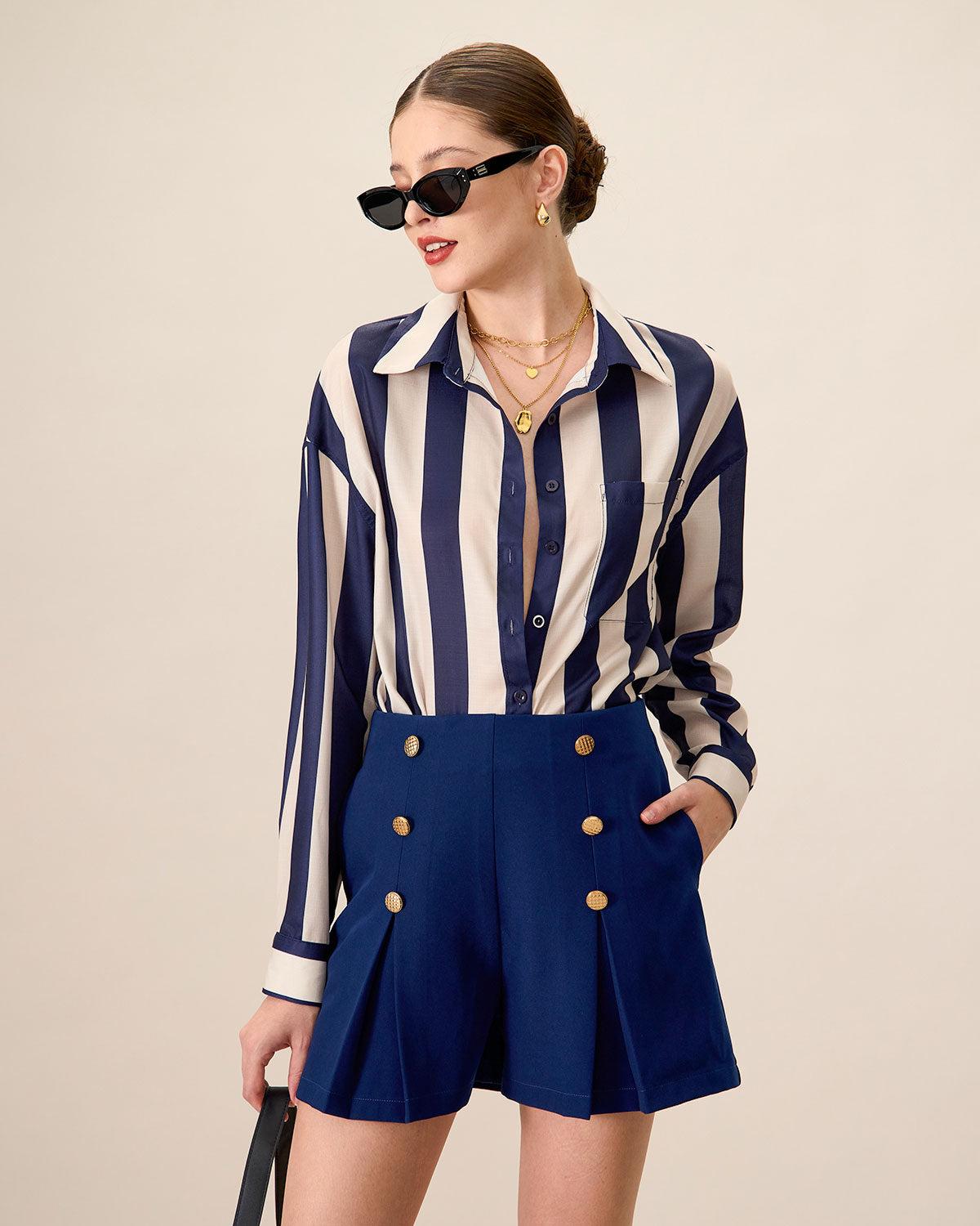 Women's Navy High-Waisted Pleated Shorts Female Product Image