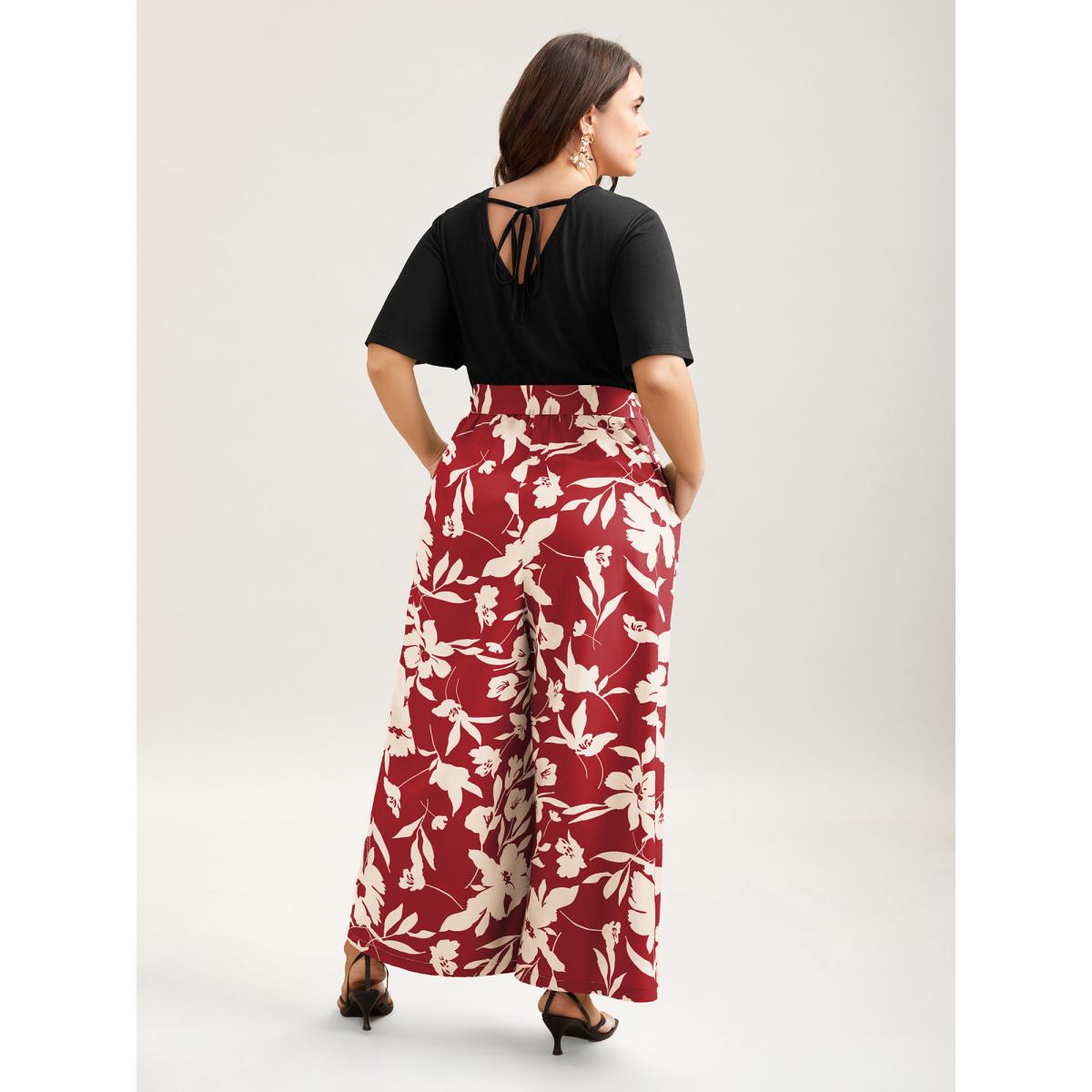 Plus Size Burgundy Floral Print Spliced Belted Wide-Leg Jumpsuit Women Elegant Short sleeve V-neck Everyday-Elegant Loose Jumpsuits BloomChic 12/L Product Image