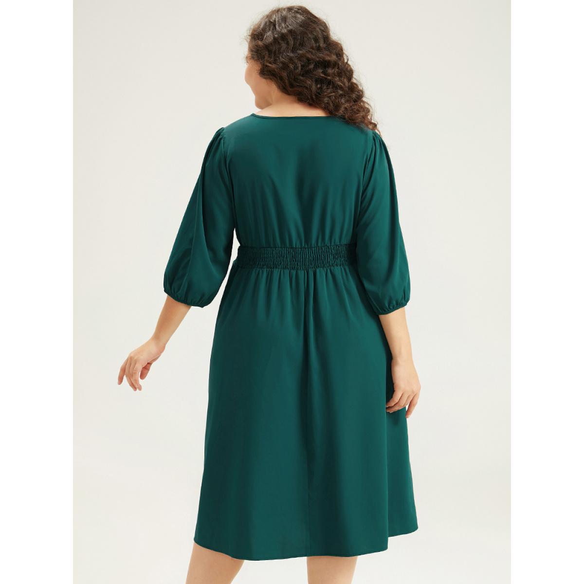 Plus Size Twill Flutter Shirred Asymmetrical Layered Hem Dress Teal Women At the Office Elastic cuffs Round Neck Elbow-length sleeve Curvy Midi Dress BloomChic 10/M Product Image