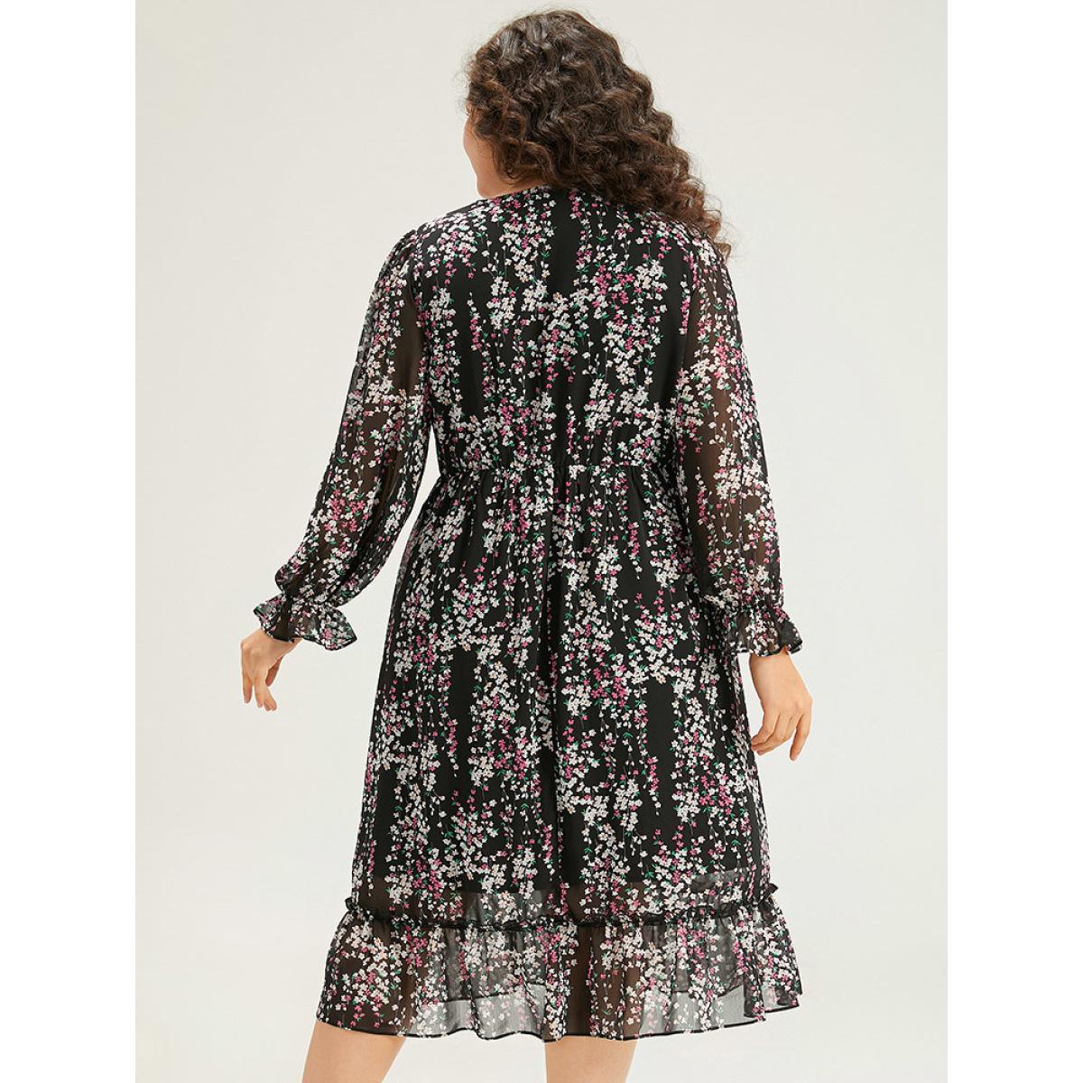 Plus Size Ditsy Floral Chiffon Patchwork Frill Trim Dress Black Women Elegant See through V-neck Long Sleeve Curvy Midi Dress BloomChic 14-16/1X Product Image