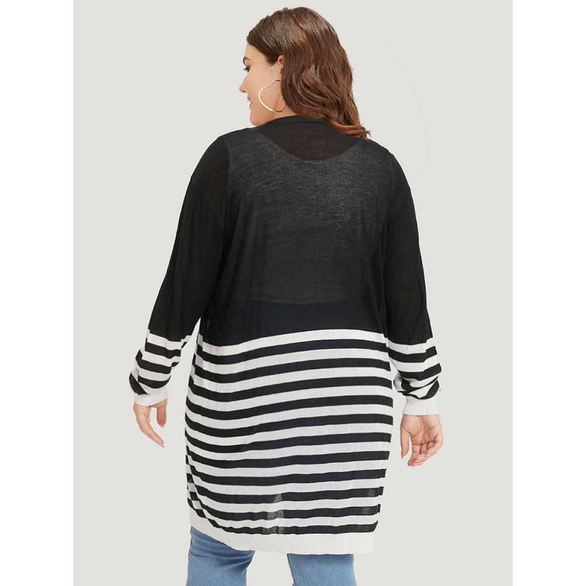 Plus Size Supersoft Essentials Striped Open Front Cardigan Black Women Casual Loose Long Sleeve Dailywear Cardigans BloomChic 28/5X Product Image