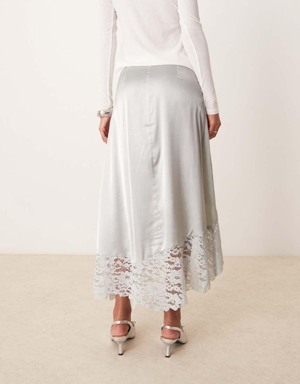 ASOS DESIGN satin & lace hanky hem midi skirt in silver Product Image