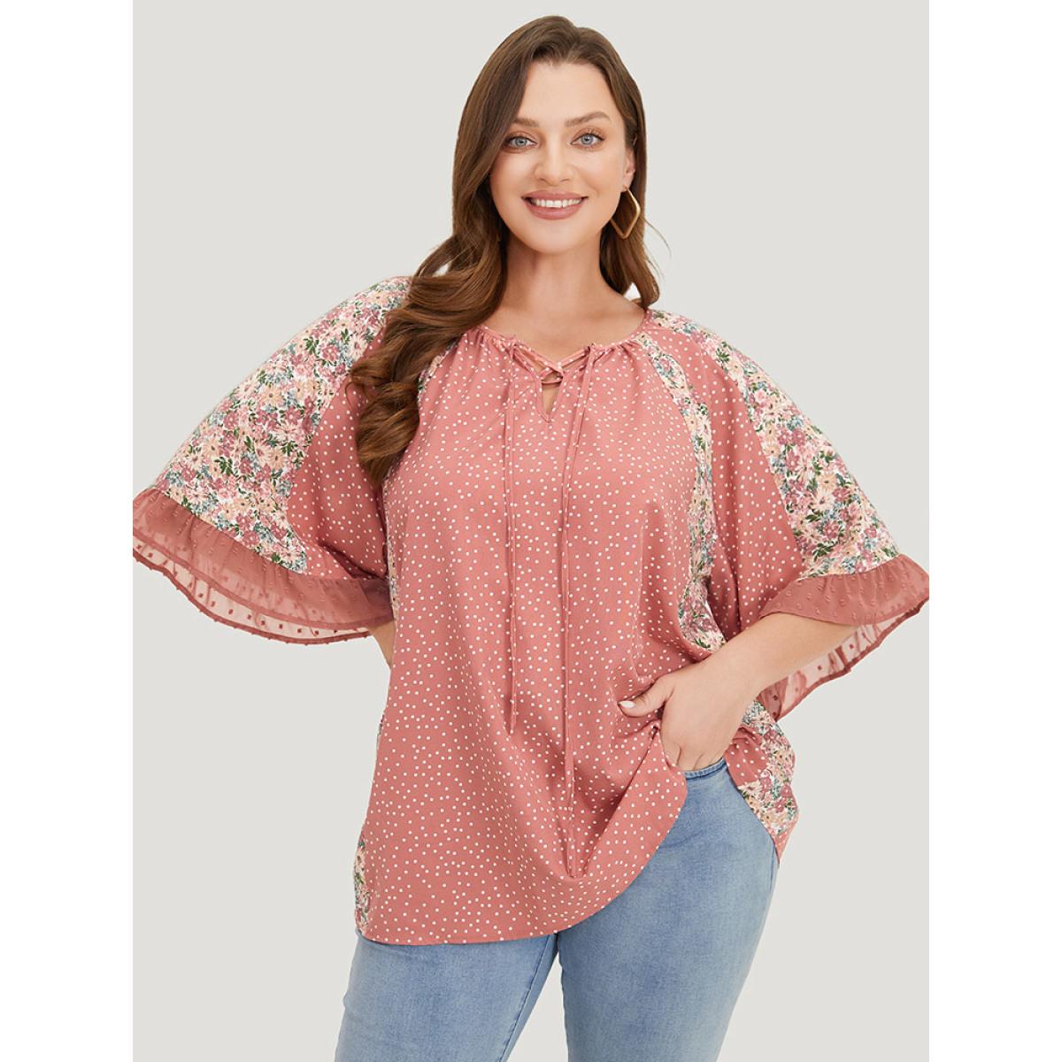 Plus Size Rouge Polka Dot & Ditsy Floral Flounce Sleeve Lace Up Blouse Women Elegant Half Sleeve Tie Neck Dailywear Blouses BloomChic 10/M Product Image