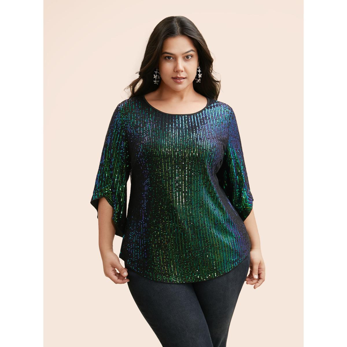 Plus Size DarkGreen Round Neck Sequin Bell Sleeve Blouse Women Cocktail Elbow-length sleeve Round Neck Party Blouses BloomChic 10/M Product Image