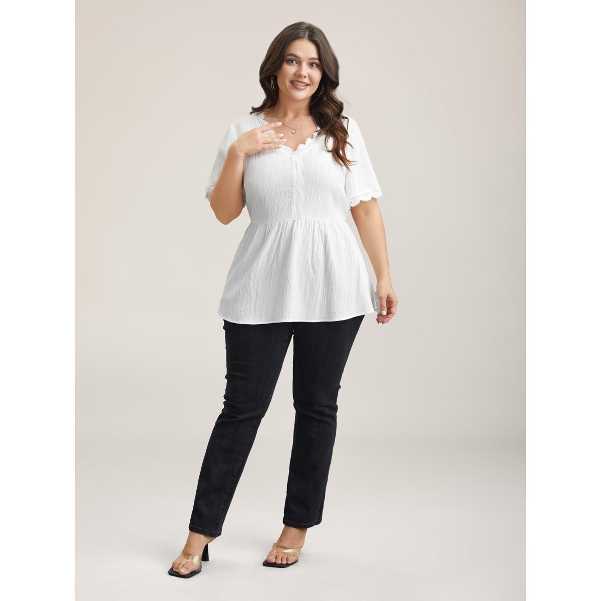 Plus Size Beige Scalloped Lace Textured Sheer Flared Shirt Women Leisure Short sleeve V-neck Casual Blouses BloomChic 28/5X Product Image