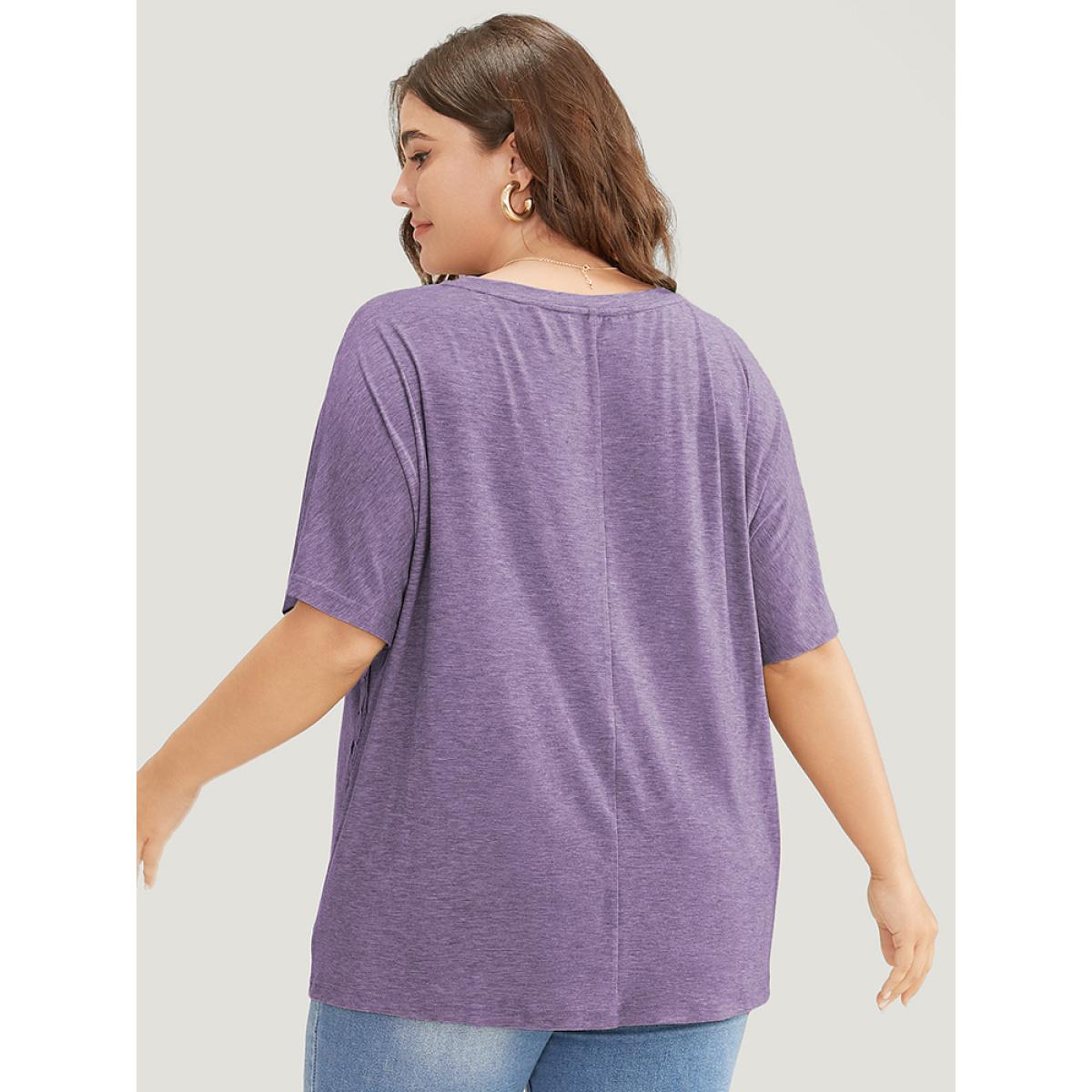 Plus Size Solid Contrast Lace Ruffle Sleeve T-shirt Mauve Women Elegant Lace Plain Round Neck Everyday T-shirts BloomChic 28/5X Product Image