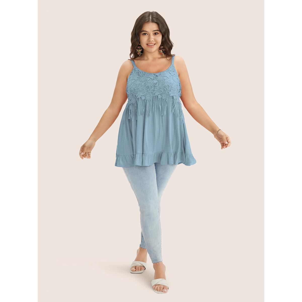 Plus Size Plain Contrast Lace Ruffle Hem Cami Top Women Stone Elegant Non Everyday Tank Tops Camis BloomChic 10/M Product Image