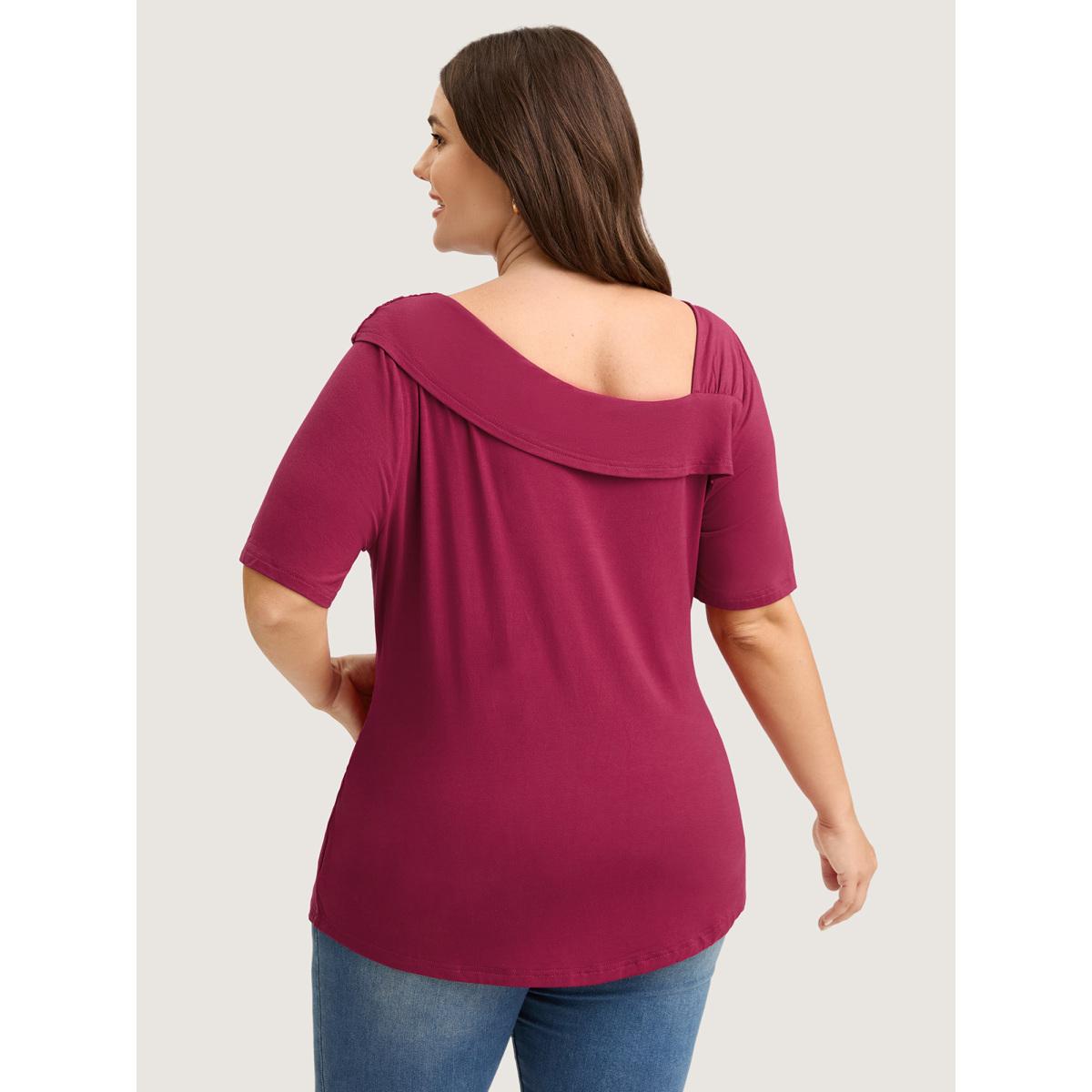 Plus Size Supersoft Asymmetrical Neckline Solid T-Shirt Burgundy Women Timeless Gathered Asymmetrical Neck Elegant T-shirts BloomChic 10/M Product Image