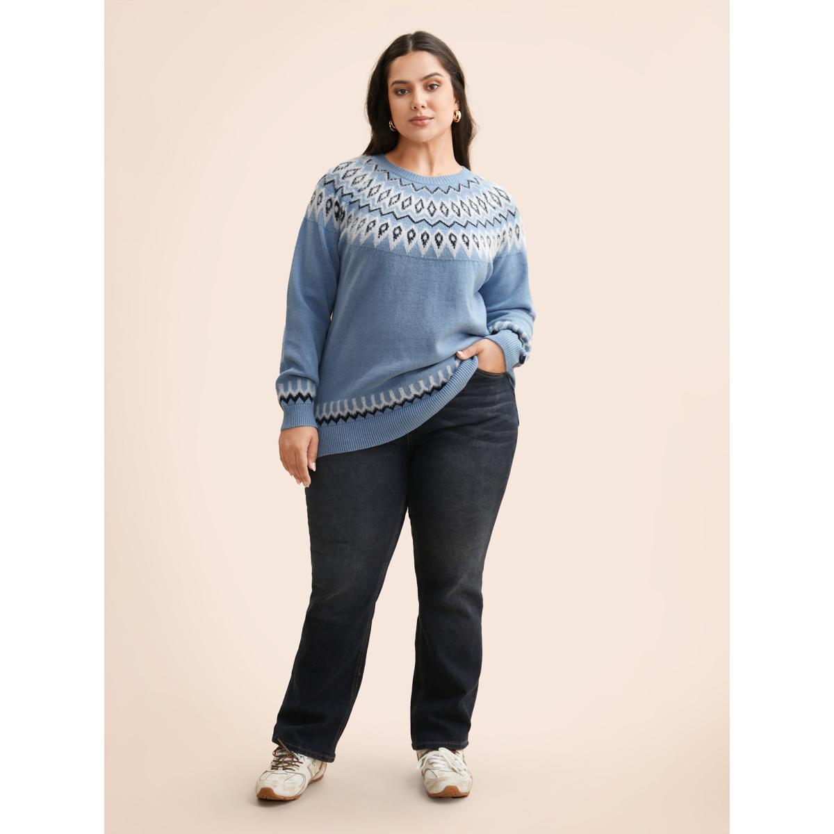 Plus Size Supersoft Essentials Boho Print Raglan Sleeve Pullover Skyblue Women Leisure Loose Long Sleeve Round Neck Casual Pullovers BloomChic 28/5X Product Image
