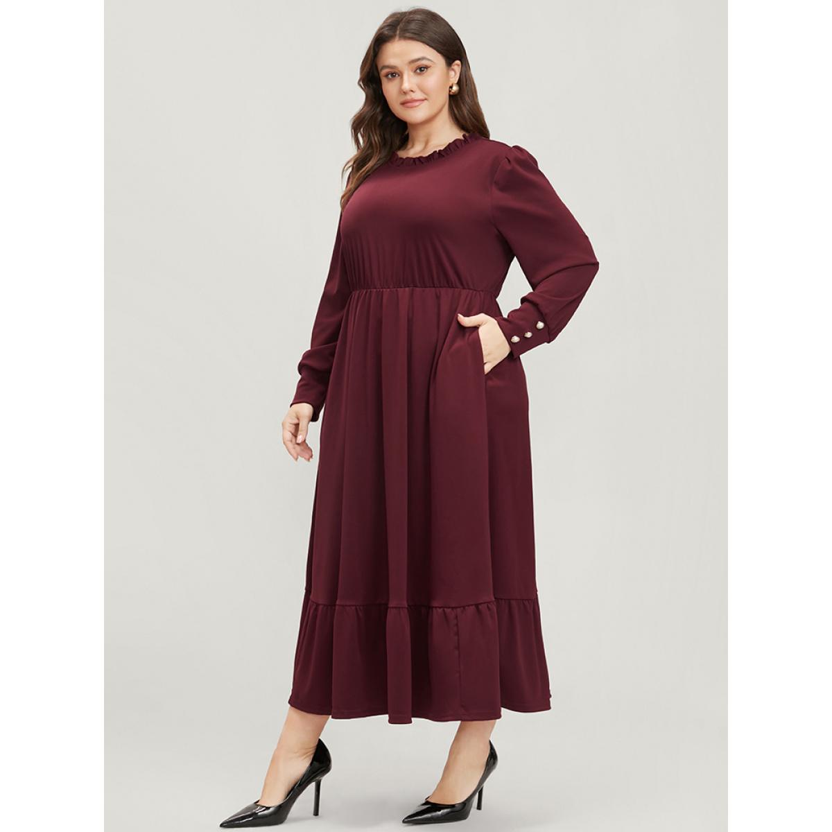 Plus Size Solid Pearl Beaded Frill Trim Lantern Sleeve Flutter Dress Burgundy Women Elegant Round Neck Long Sleeve Curvy Midi Dress BloomChic 30/6X Product Image