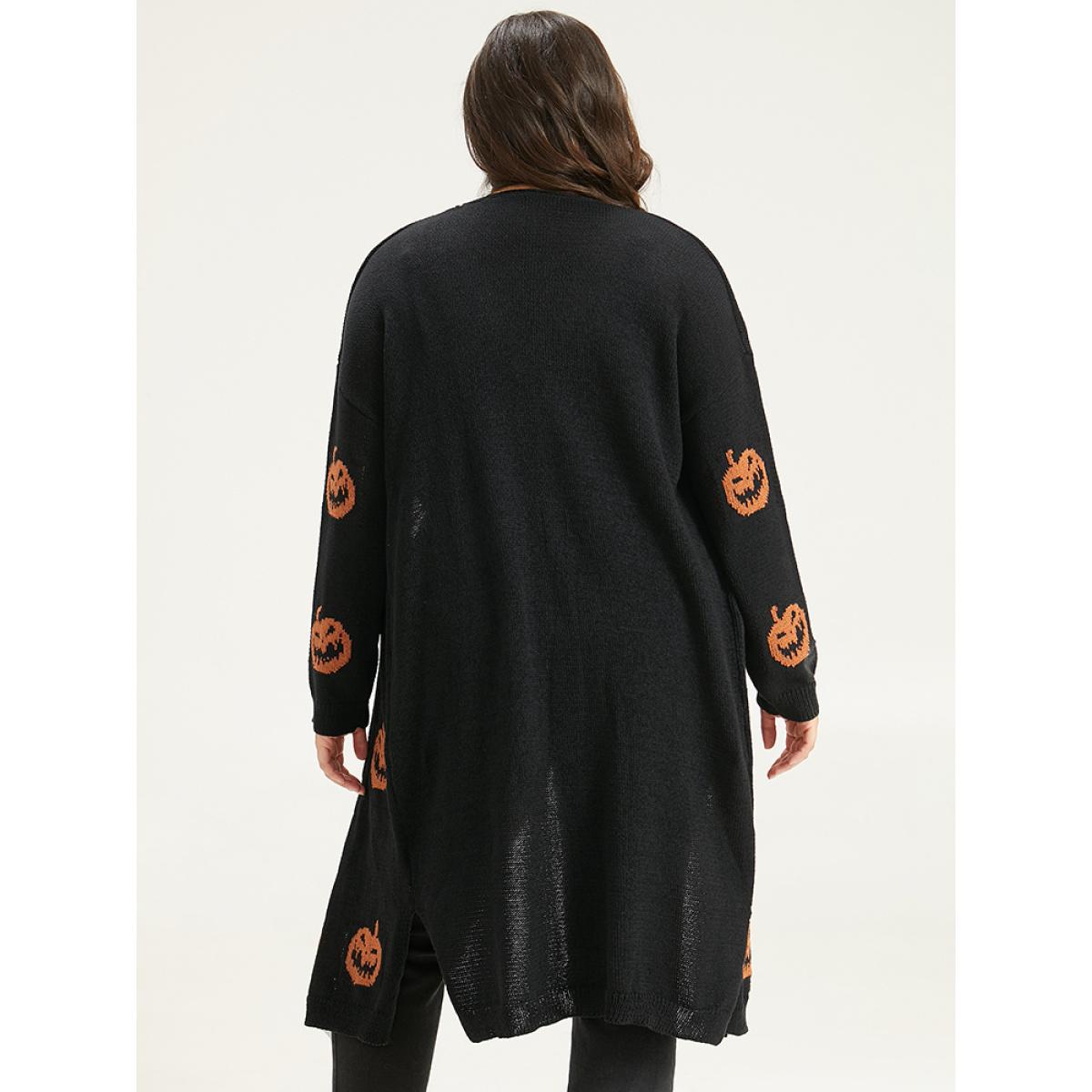 Plus Size Halloween Skull Print Split Side Drop Shoulder Maxi Cardigan Chocolate Women Casual Loose Long Sleeve Festival-Halloween Cardigans BloomChic 12/L Product Image