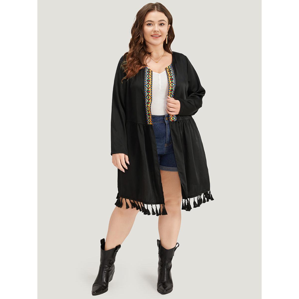 Plus Size Bandana Print Tassels Trim Open Front Kimono Women Black Casual Tassels Pocket Dailywear Kimonos BloomChic 12/L Product Image