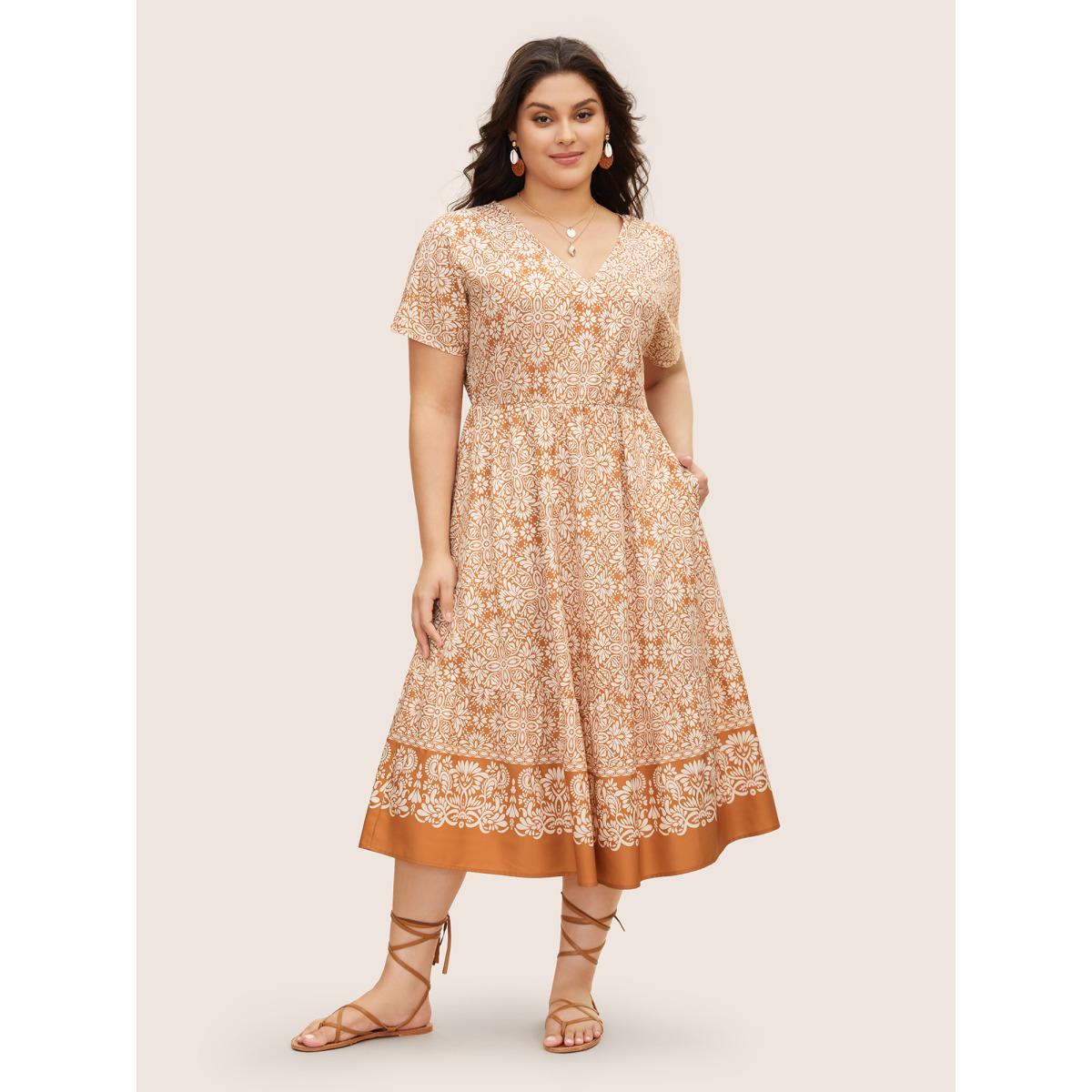 Plus Size V Neck Bandana Dolman Sleeve Midi Dress Brightorange Women Resort Gathered V-neck Short sleeve Curvy BloomChic 18-20/2X Product Image