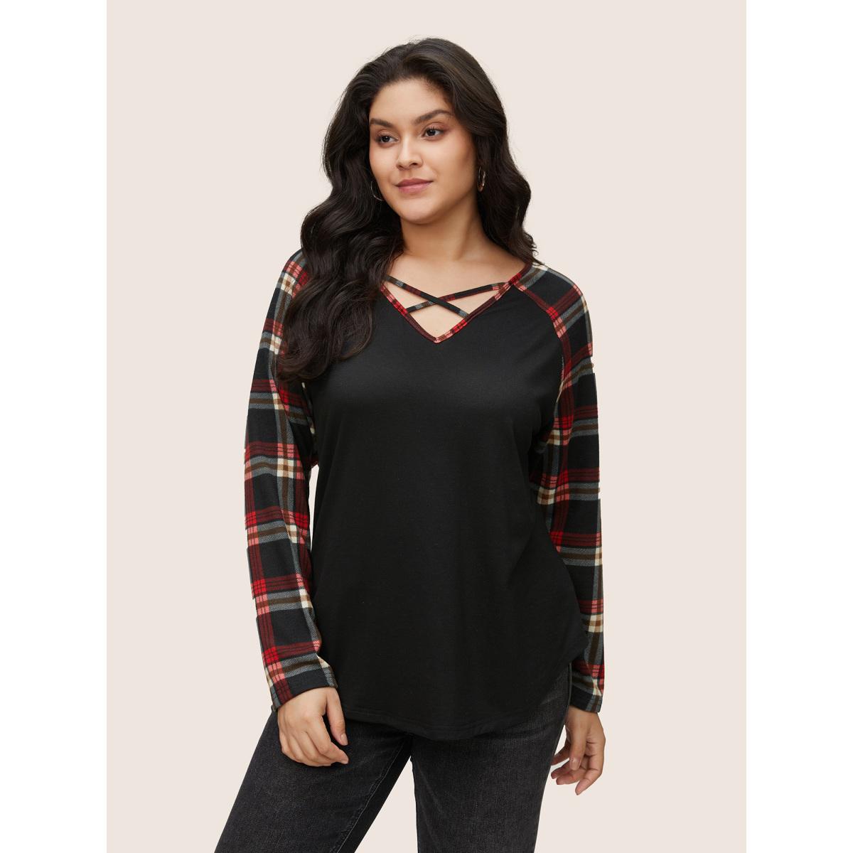 Plus Size Plaid Patchwork Raglan Sleeve Crisscross T-shirt Burgundy Women Casual Patchwork Plaid V-neck Dailywear T-shirts BloomChic 10/M Product Image