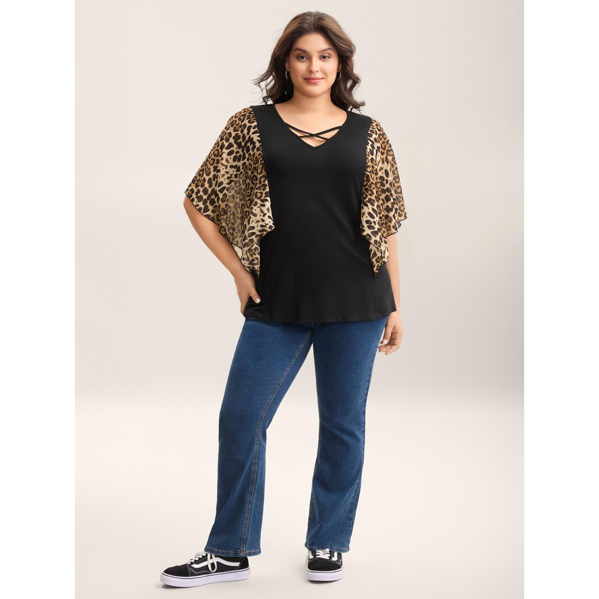 Plus Size Leopard Spliced Tied Flared Sleeve T-Shirt Black Women Casual Contrast V-neck Everyday T-shirts BloomChic 30/6X Product Image