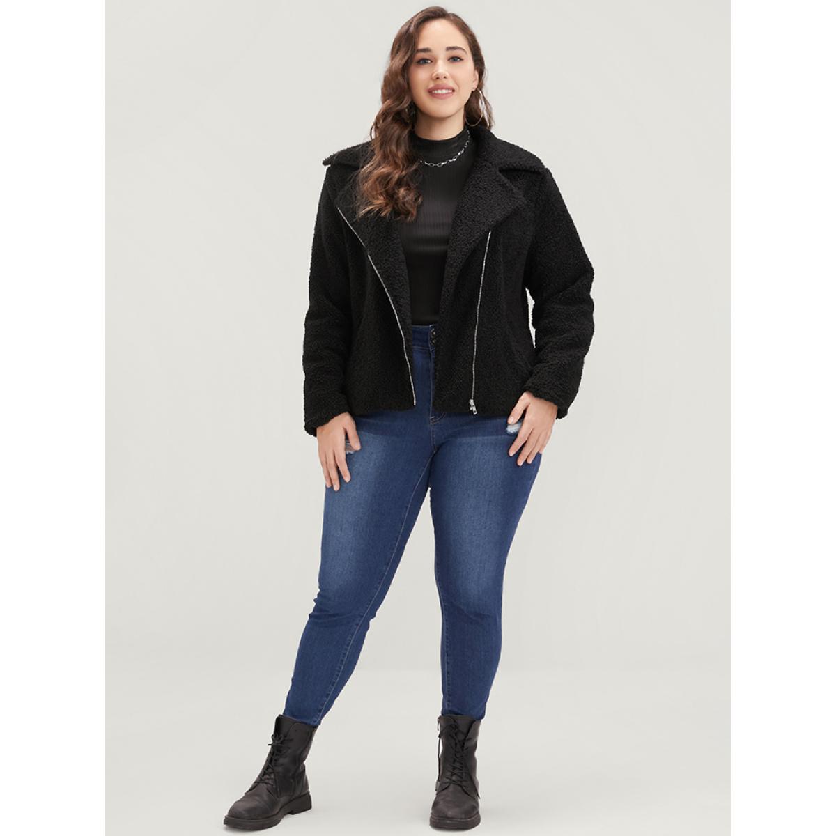 Plus Size Solid Zipper Pocket Suit Collar Teddy Coat Women Black Elegant Zipper Ladies Dailywear Winter Coats BloomChic 30/6X Product Image