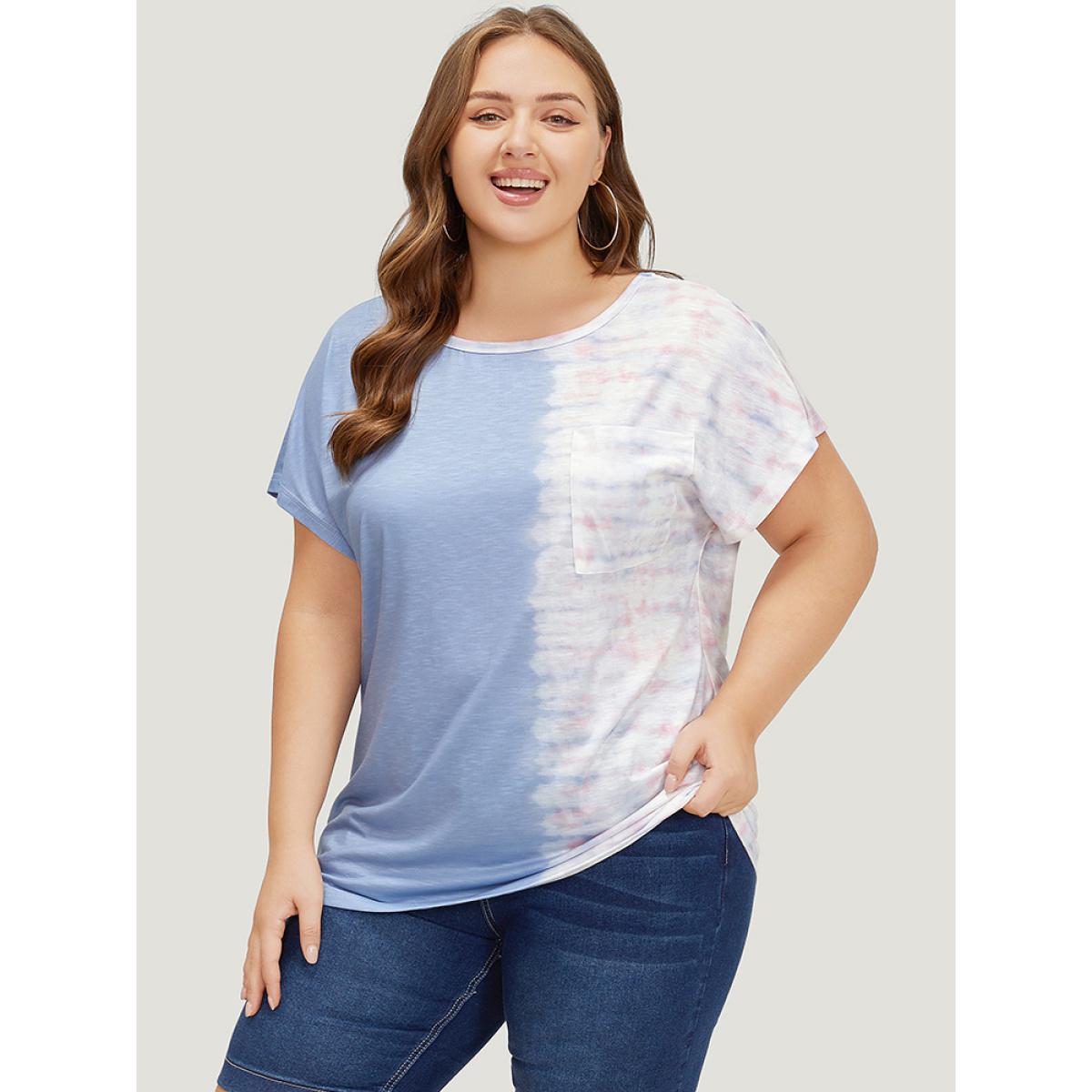 Plus Size Tie Dye Batwing Sleeve Cut Out Two Tone T-shirt Multicolor Women Casual Contrast Colorblock Round Neck Dailywear T-shirts BloomChic 18-20/2X Product Image