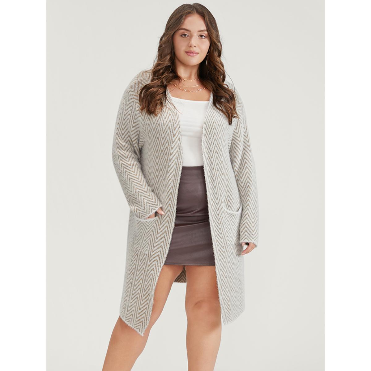 Plus Size Geometric Super Soft Plush Knit Pocket Open Front Cardigan Tan Women Elegant Long Sleeve Dailywear Cardigans BloomChic 30/6X Product Image