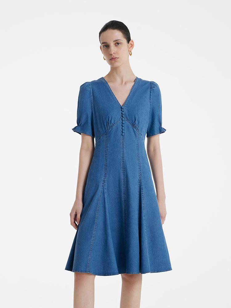 Denim V-Neck Gathered Waist Women Midi Dress Product Image