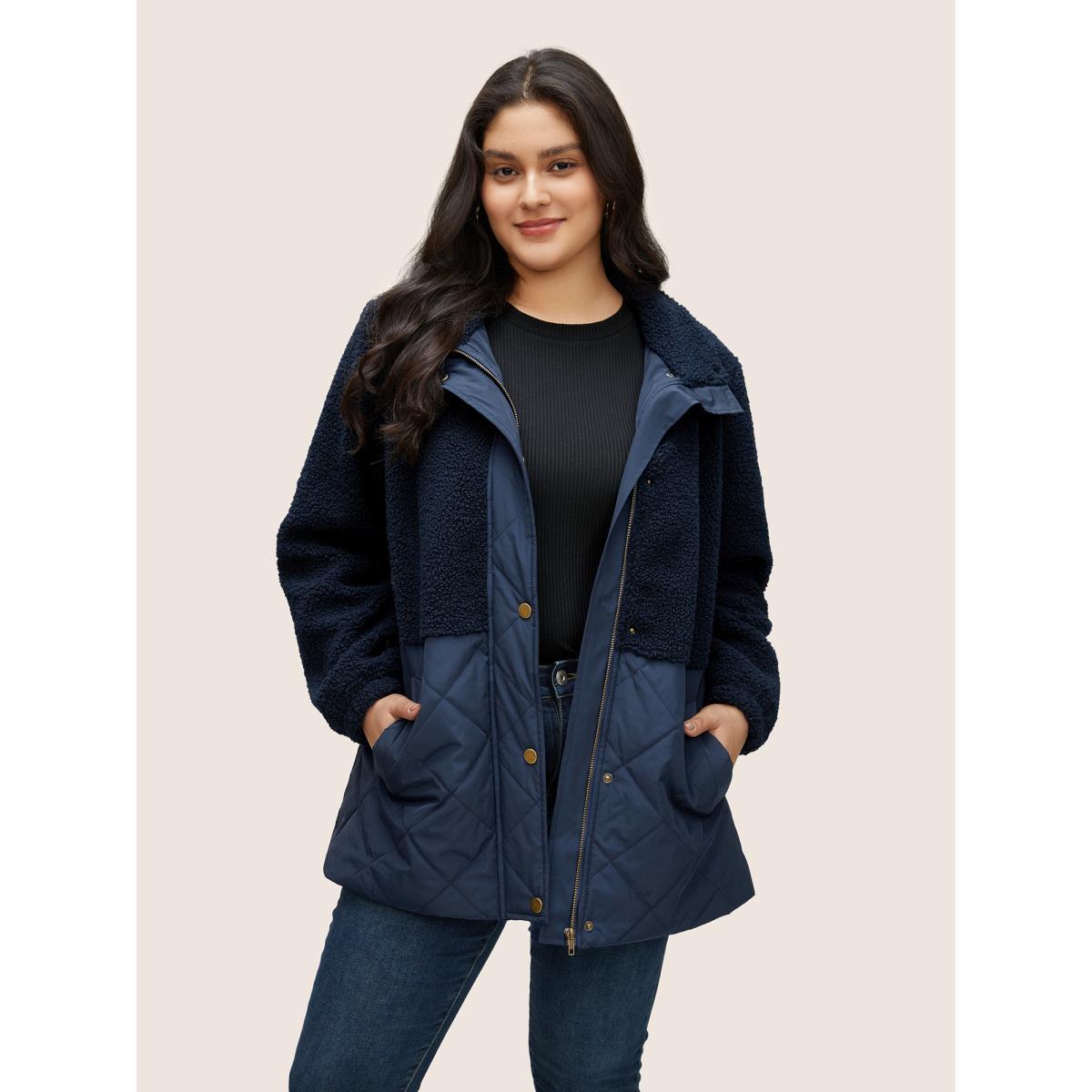 Plus Size Fluffy Patchwork Quilted Button Through Coat Women Indigo Casual Lined Ladies Everyday Winter Coats BloomChic 28/5X Product Image
