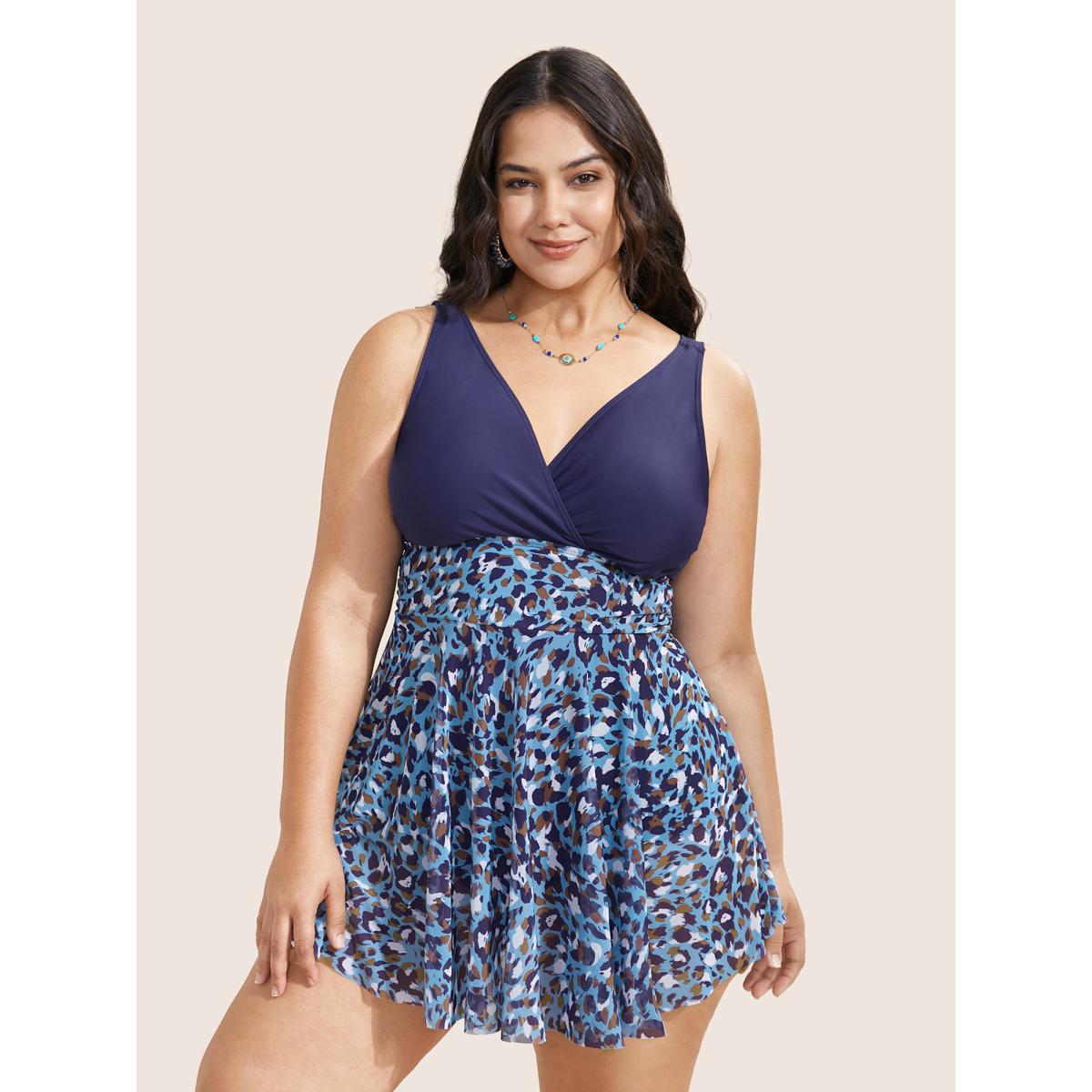 Plus Size V Neck Leopard Print Patchwork Swim Dress Women's Swimwear Indigo Beach Bodycon Overlap Collar High stretch Curve Swim Dresses BloomChic 14-16/1X Product Image