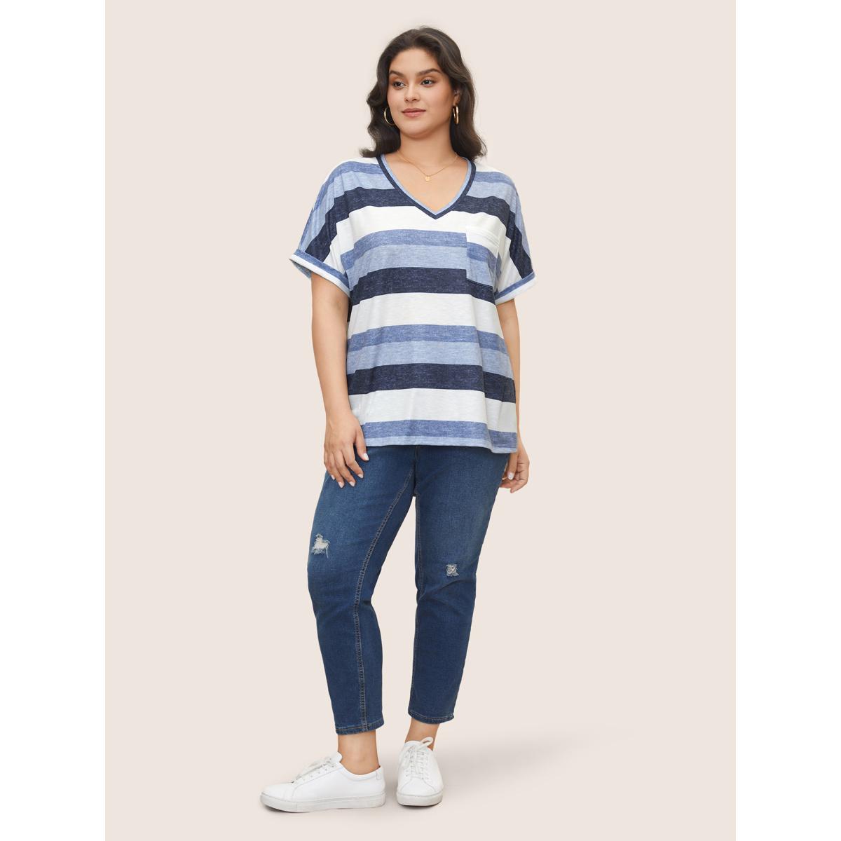 Plus Size Stripes Dolman Sleeve Patch Pocket T-shirt Blue Women Casual V-neck Everyday T-shirts BloomChic 26/4X Product Image