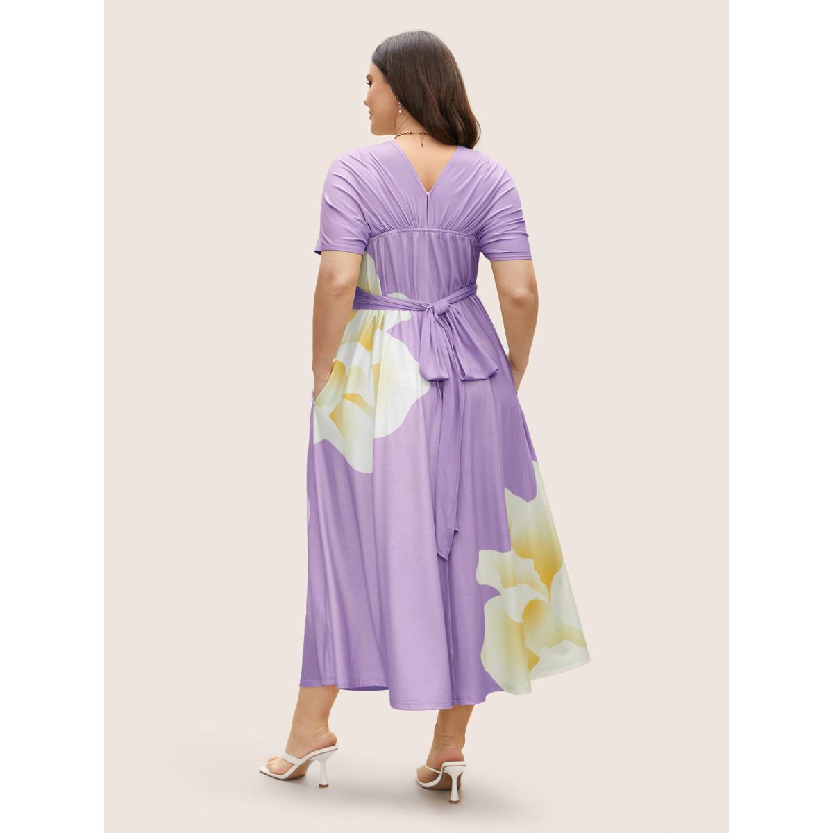 Plus Size Everywhere Dress - Floral Mesh Ties Dress Lilac Women Elegant Belted Non Sleeveless Curvy BloomChic 18-20/2X Product Image
