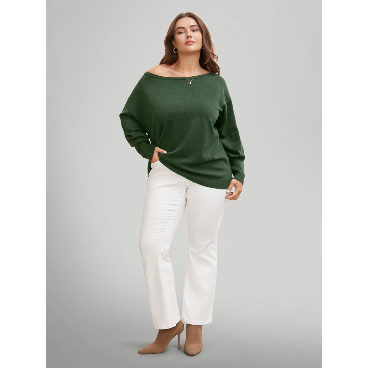 Plus Size Supersoft Essentials Boat Neck Drop Shoulder Pullover ArmyGreen Women Elegant Long Sleeve Boat Neck Everyday Pullovers BloomChic 28/5X Product Image