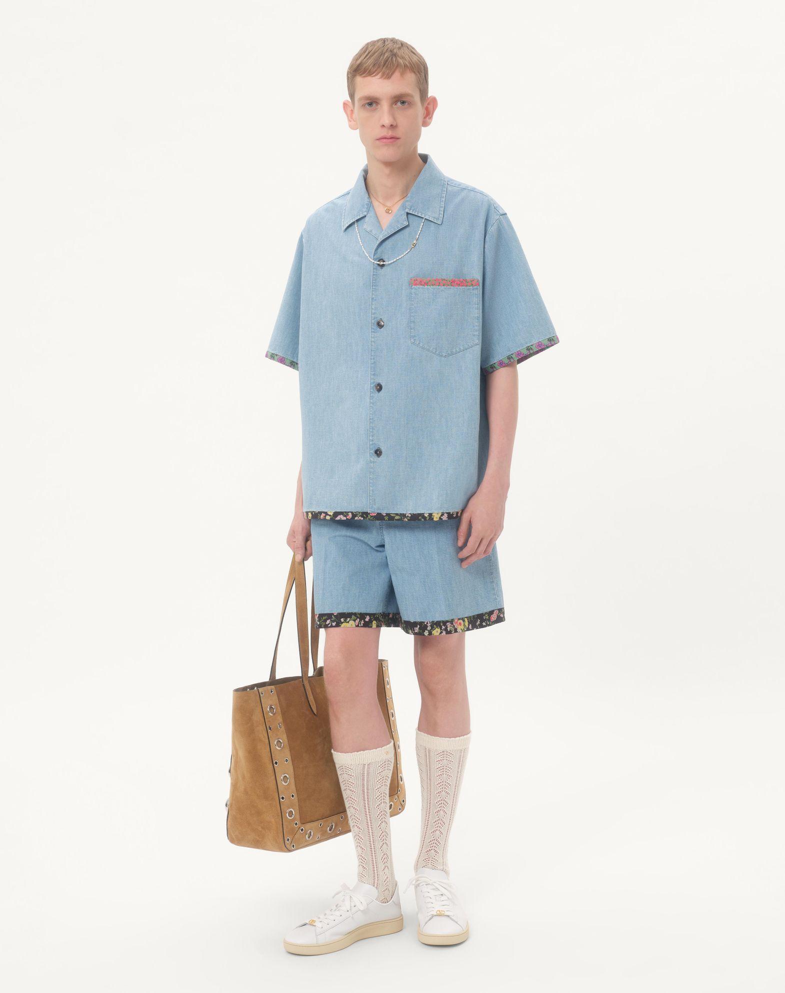 Denim Bermuda Shorts With Floral Print Hem Product Image