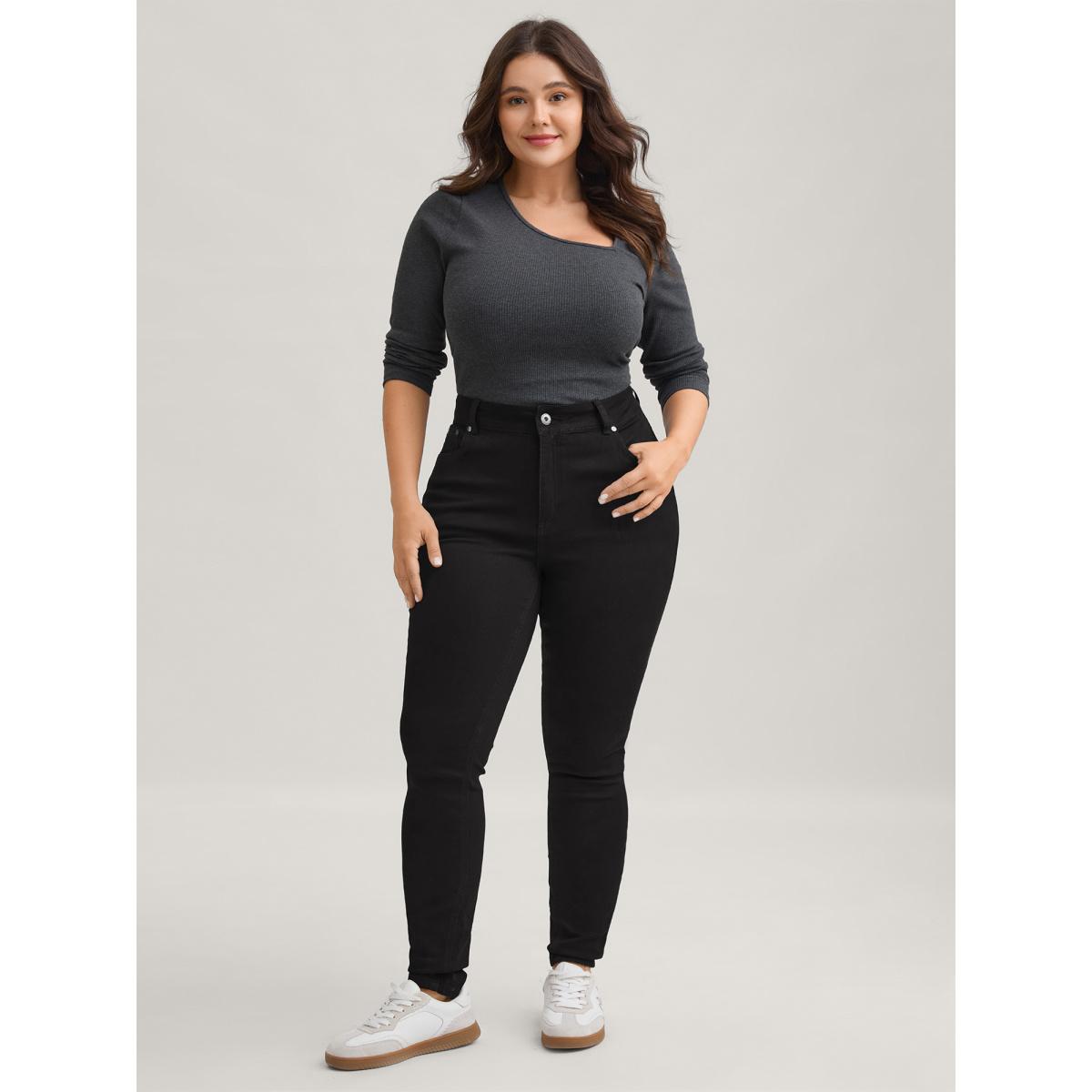 Plus Size Skinny Very Stretchy High Rise Black Wash Sculpt Waist Jeans Women Black Leisure Plain High stretch Slanted pocket Jeans BloomChic 14/1X Product Image