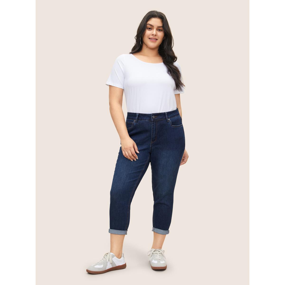 Plus Size Very Stretchy High Rise Dark Wash Cropped Jeans Women DarkBlue Leisure Plain High stretch Slanted pocket Jeans BloomChic 10/M Product Image