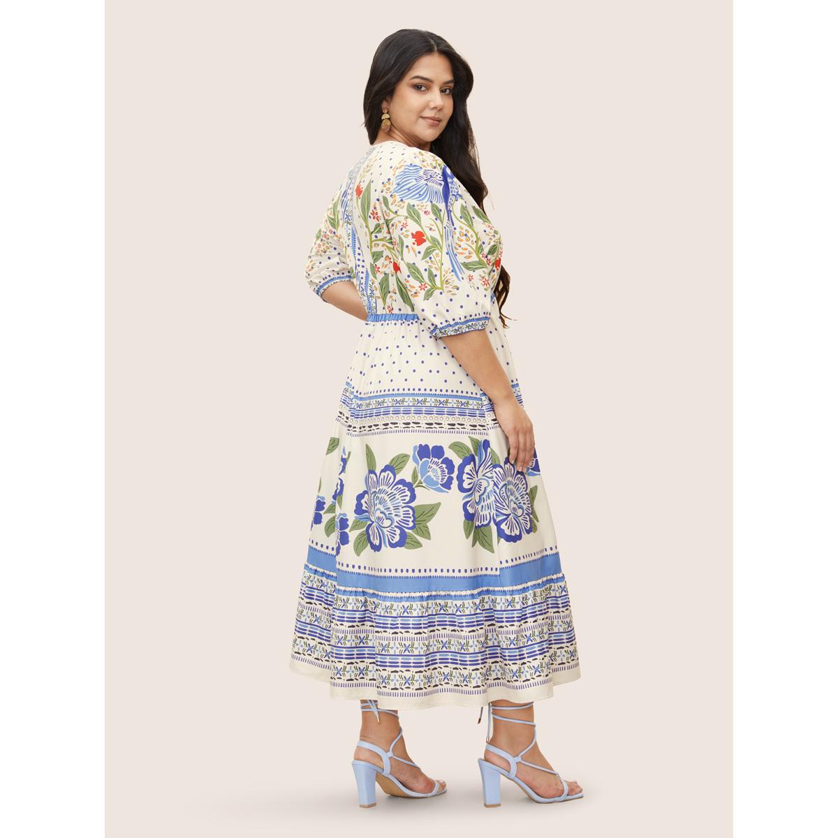 Plus Size V Neck Floral Print Elastic Waist Lantern Sleeve Dress Blue Women Resort Gathered V-neck Sleeveless Curvy Midi Dress BloomChic 10/M Product Image