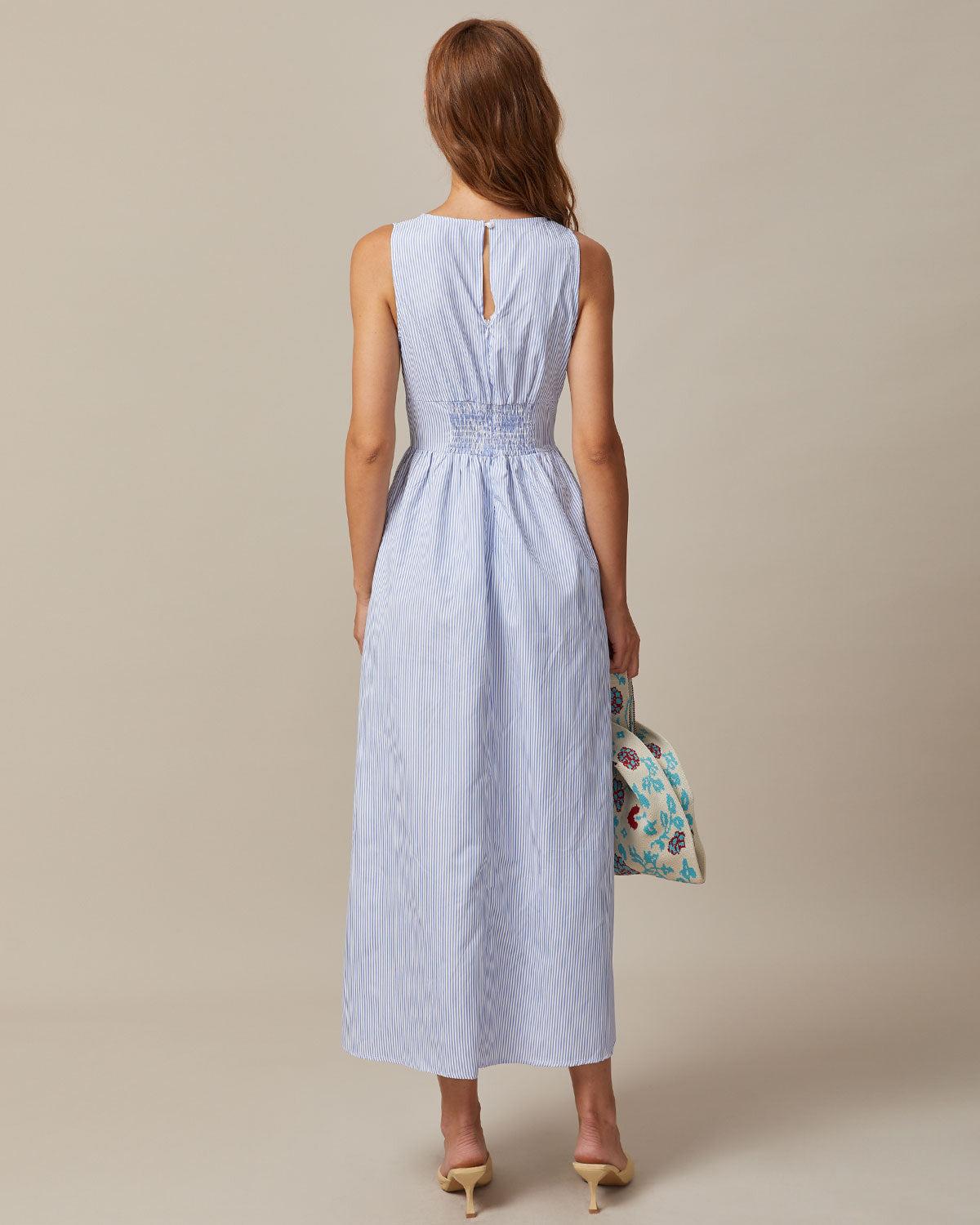The Blue V Neck Shirred Striped Maxi Dress Product Image