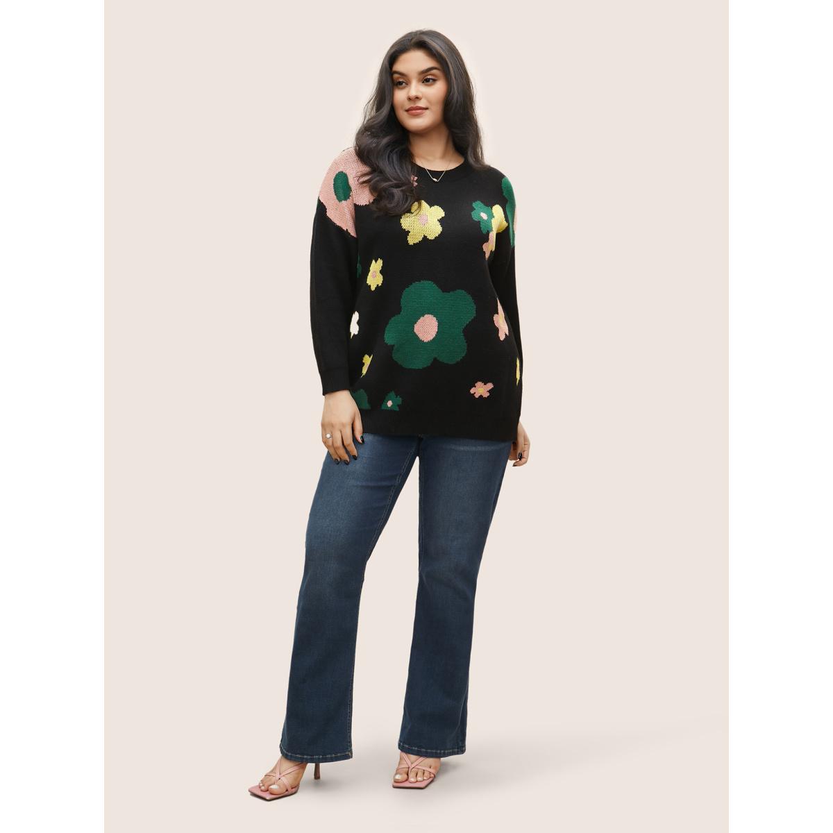 Plus Size Supersoft Essentials Colour Floral Drop Shoulder Pullover Black Women Casual Loose Long Sleeve Round Neck Everyday Pullovers BloomChic 14-16/1X Product Image