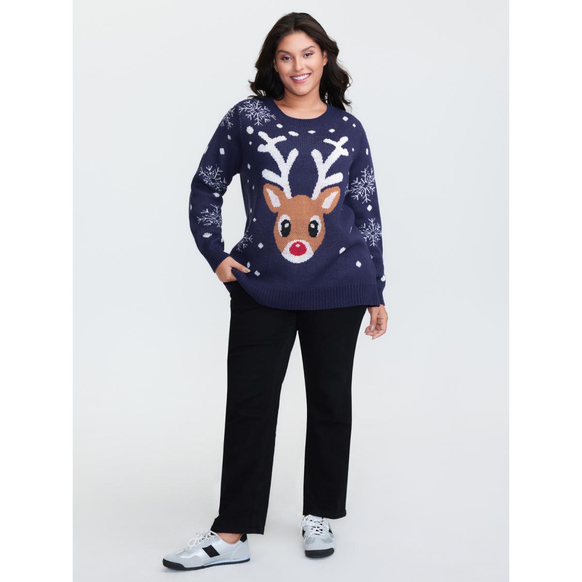 Plus Size Deer Snowflake Pattern Jacquard Pullover Indigo Women Playful Loose Long Sleeve Round Neck Casual Pullovers BloomChic 18-20/2X Product Image