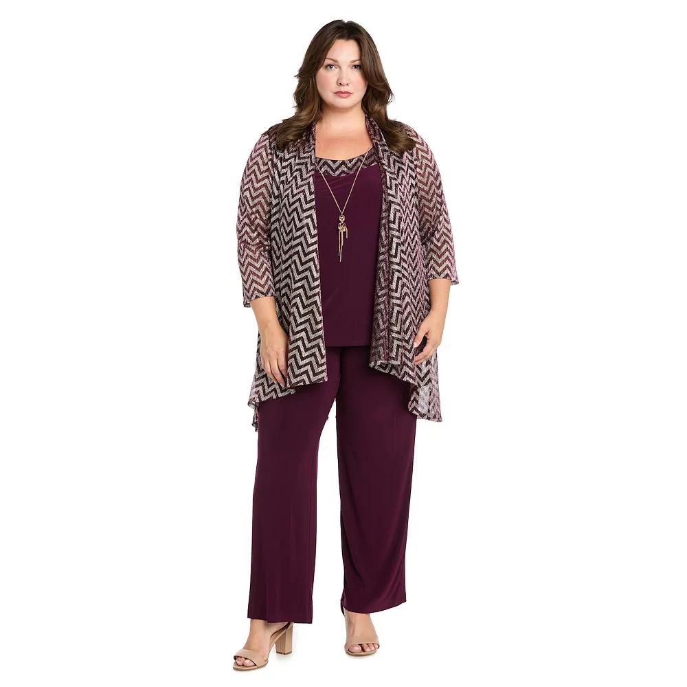 Plus Size R&M Richards Metallic Duster, Tank Top, Pants & Necklace Set, Women's, Size: 16 W, Plum Gold Product Image