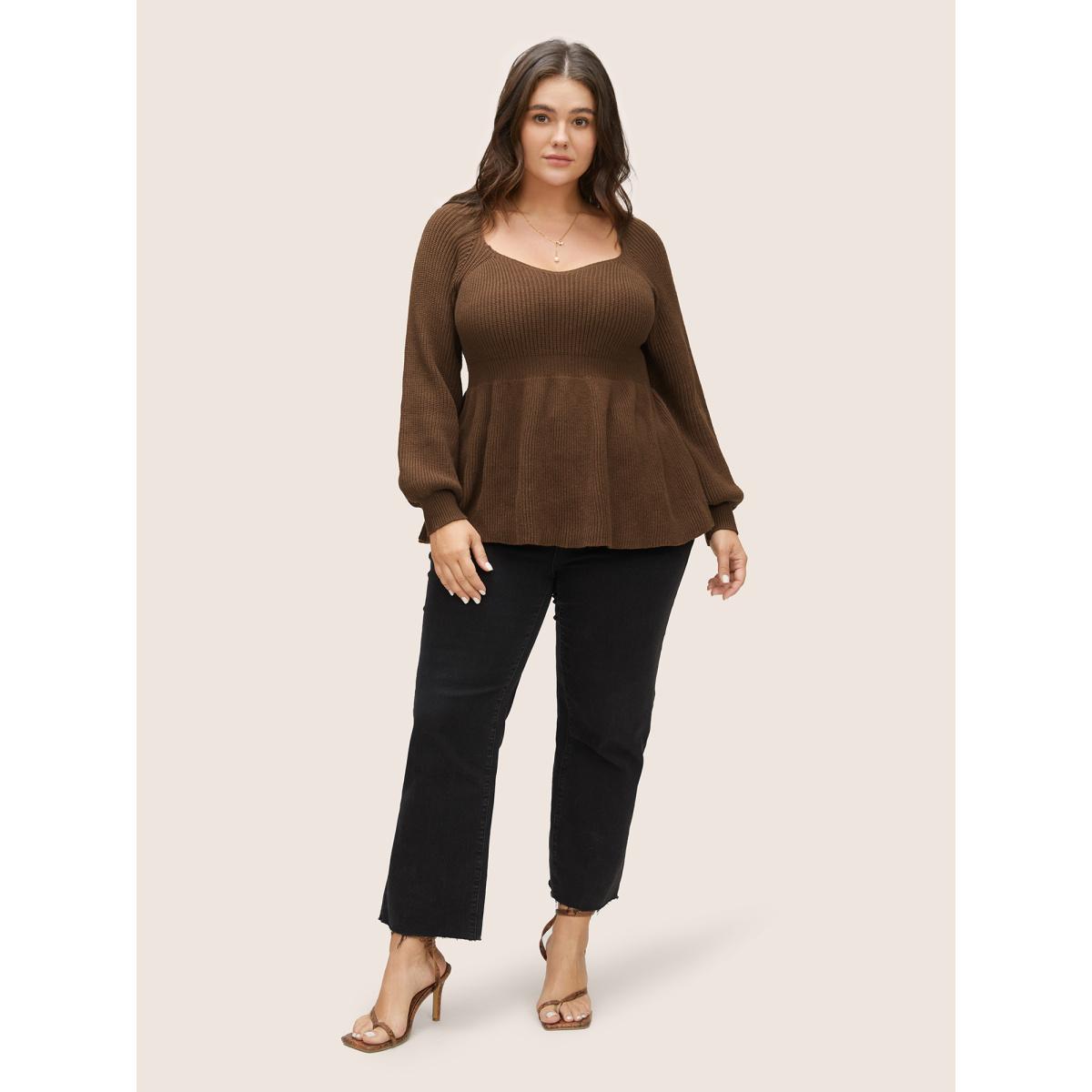 Plus Size Supersoft Essentials Solid Square Neck Raglan Sleeve Pullover Chocolate Women Elegant Long Sleeve Square Neck Everyday Pullovers BloomChic 28/5X Product Image