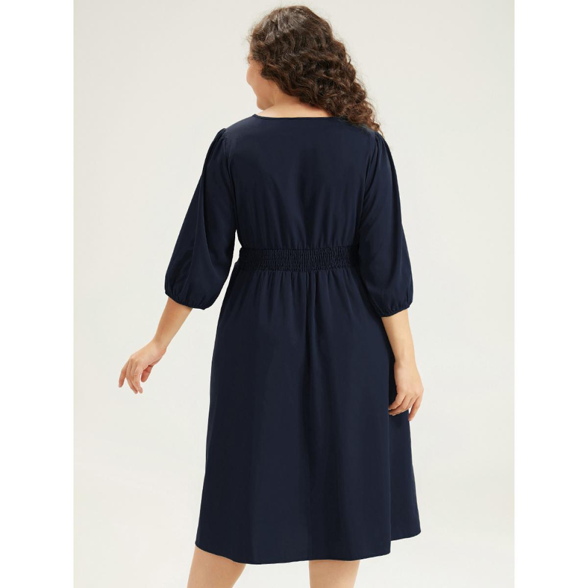 Plus Size Twill Flutter Shirred Asymmetrical Layered Hem Dress Indigo Women At the Office Elastic cuffs Round Neck Elbow-length sleeve Curvy Midi Dress BloomChic 26/4X Product Image